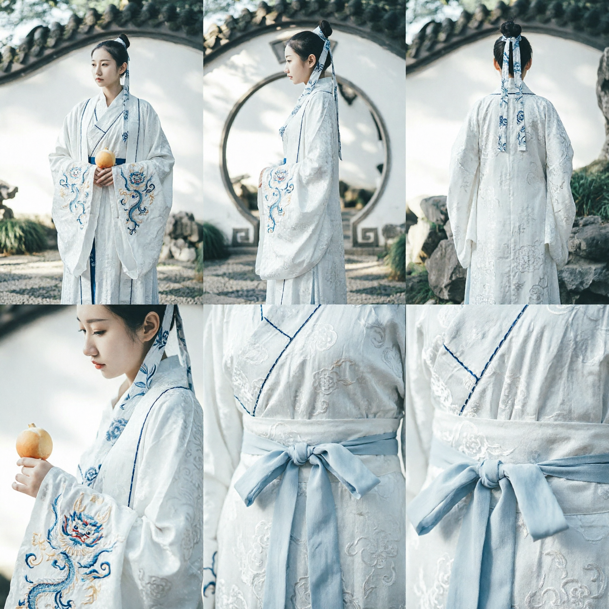 Elegant White Hanfu Traditional Chinese Ancient Costume Blue Embroidery Wuxia Swordswoman Dress for Women