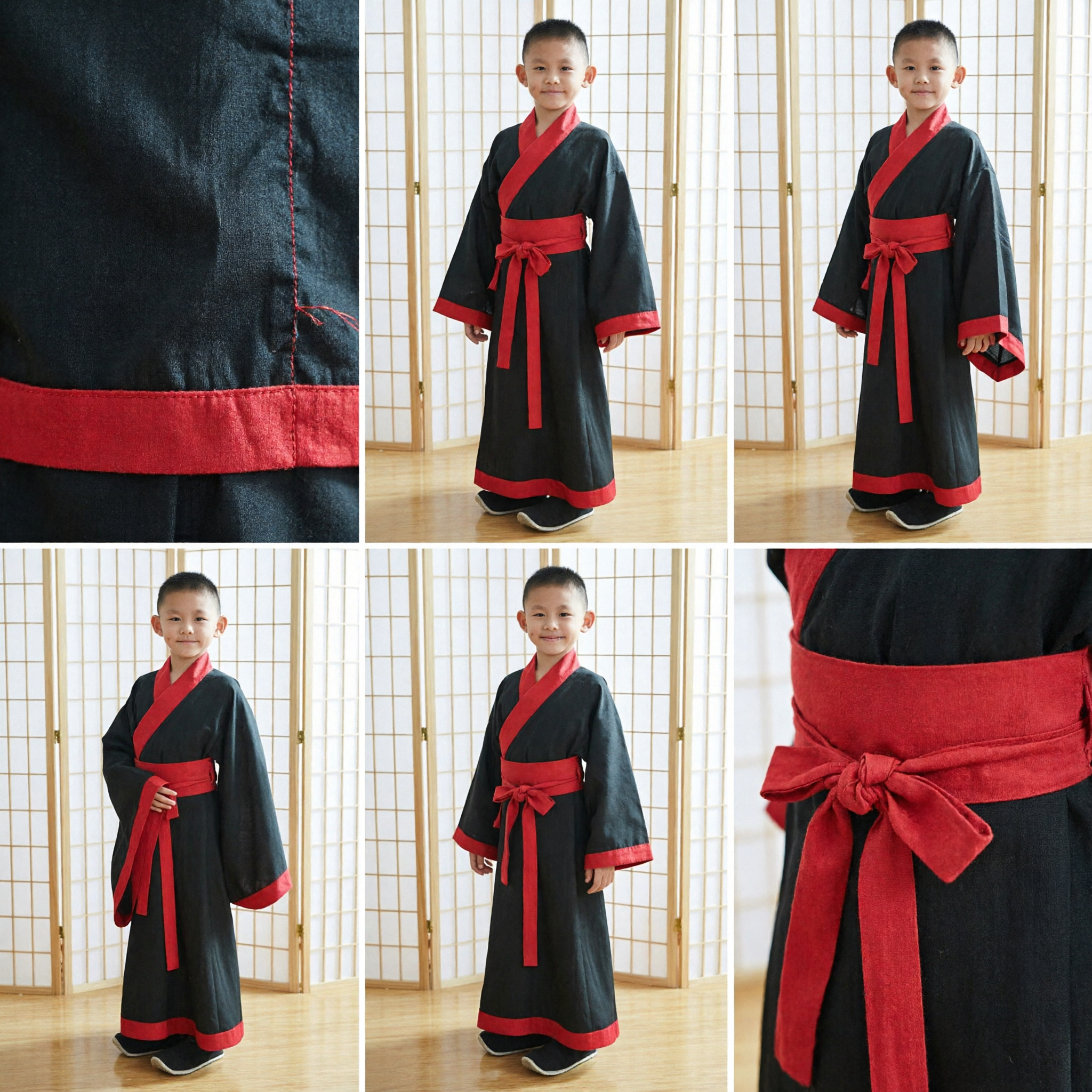 Boys Japanese Kimono Black Traditional Costume with Red Sash for Cultural Festivals and Performances