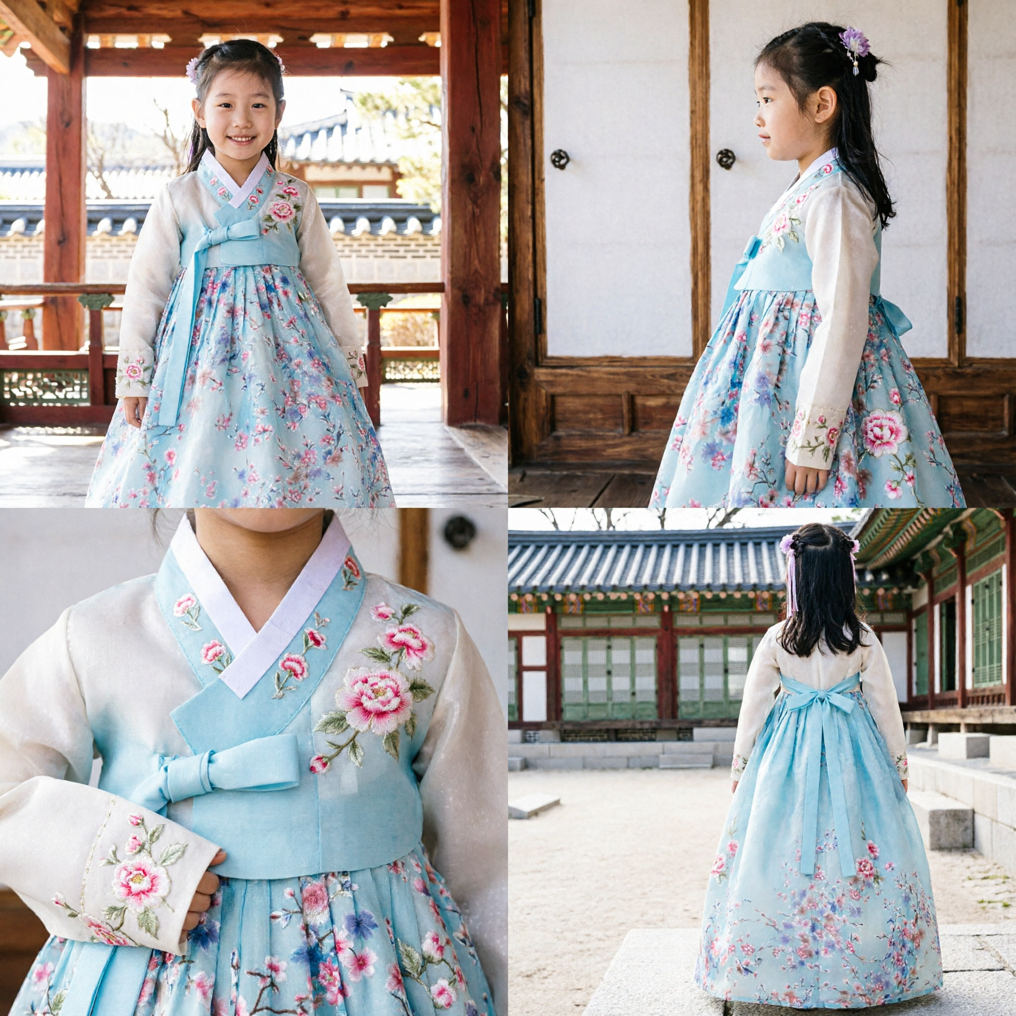 Traditional Korean Hanbok for Girls Kids Blue Floral Dress Costume for Performance and Festivals