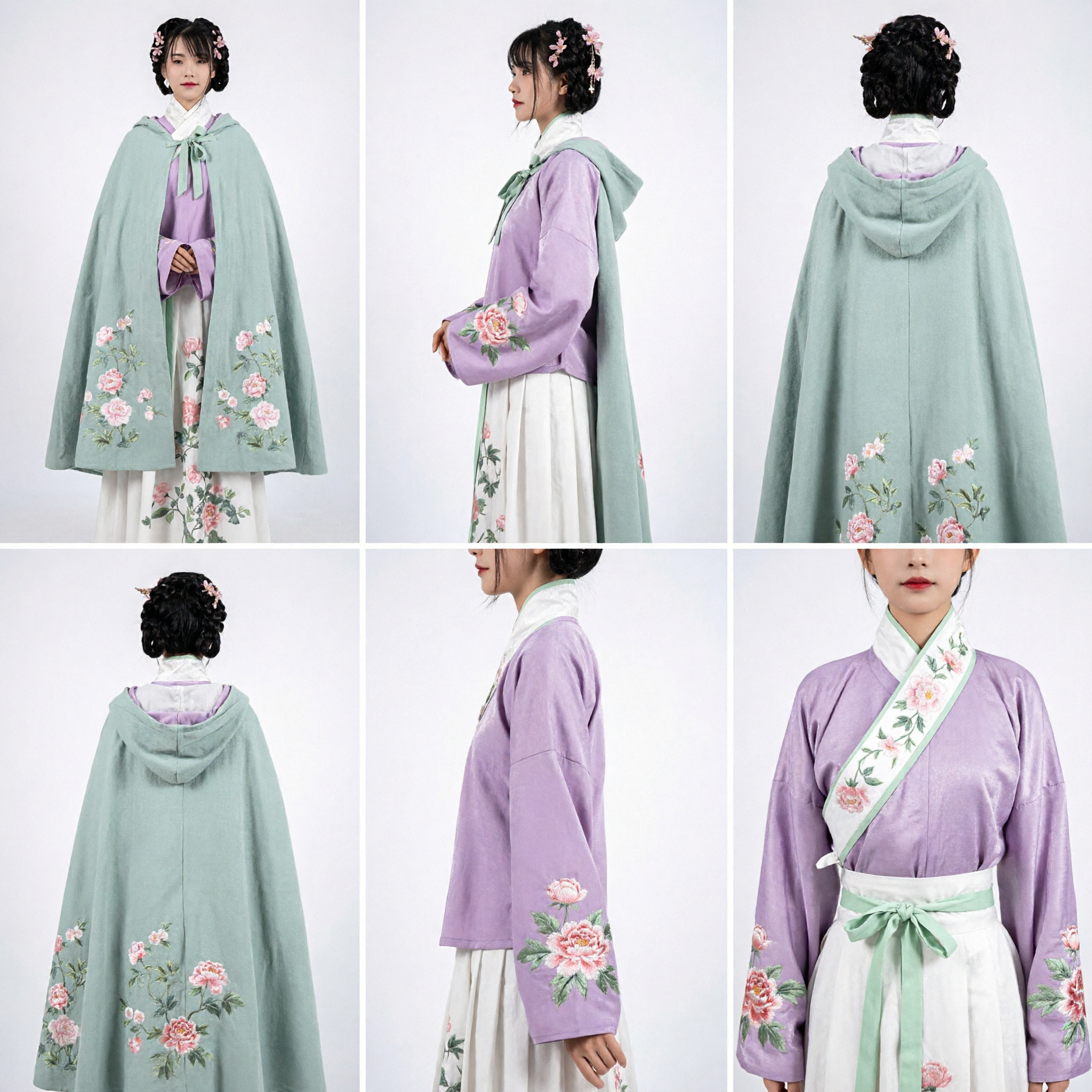 Traditional Chinese Hanfu Mint Green Cloak Doupeng with Floral Embroidery Ancient Palace Costume for Women