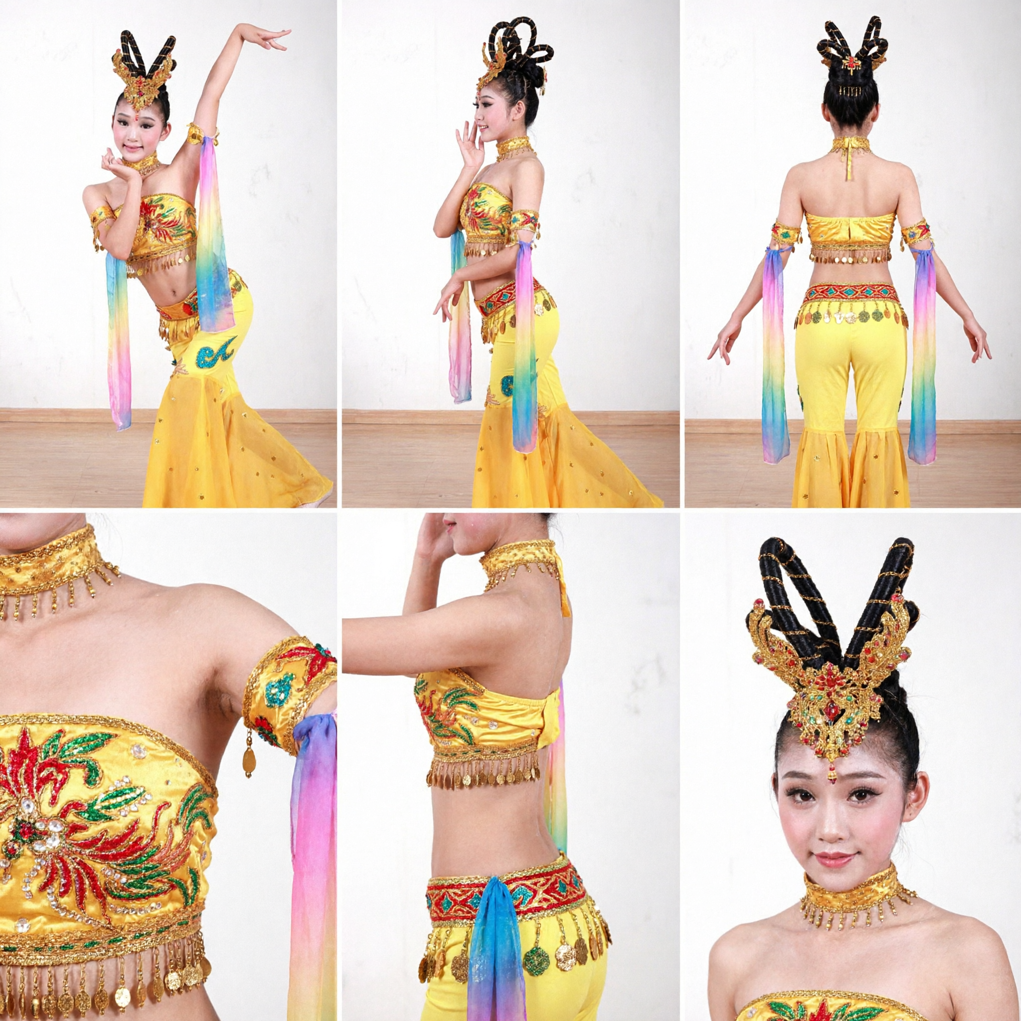 Girls Yellow Dai Peacock Dance Costume Chinese Traditional Stage Performance Dress with Headpiece and Sleeves