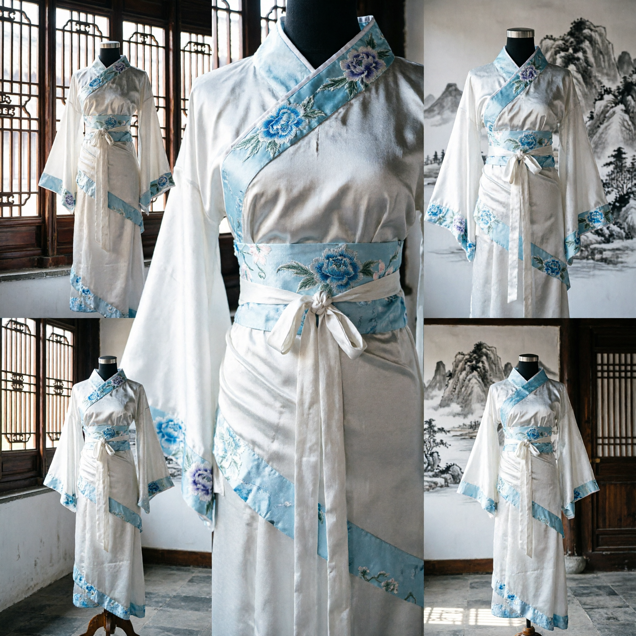 Traditional Chinese Hanfu Costume White and Blue Floral Ancient Clothing for Cosplay and Stage Performance