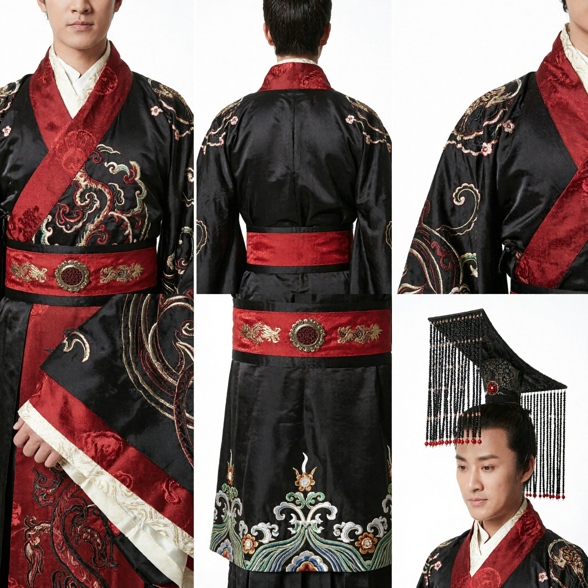 Men's Ancient Chinese Emperor Costume Traditional Hanfu Robe Black and Red Historical Drama Cosplay Outfit