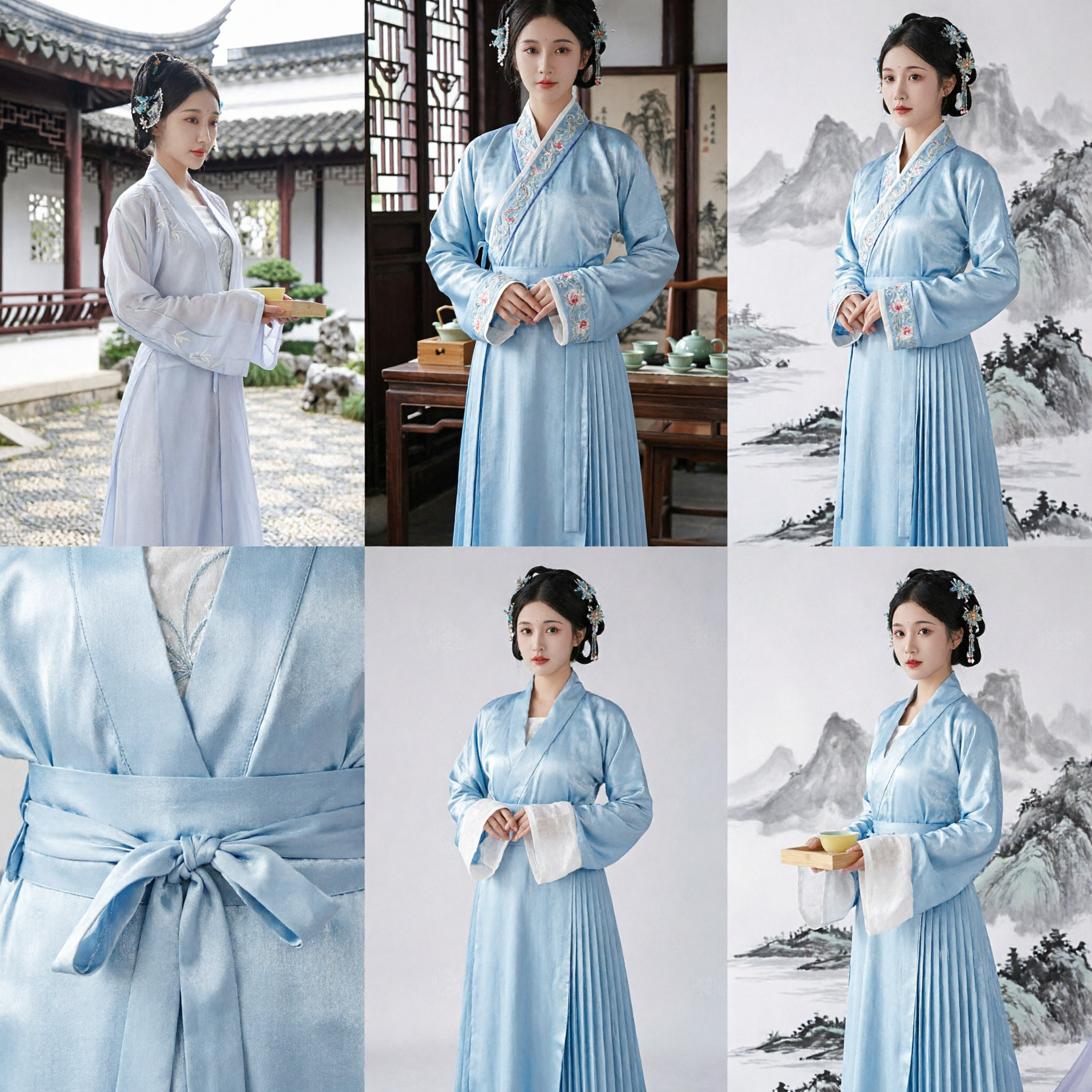 Elegant Light Blue Chinese Hanfu Costume Ancient Song Dynasty Embroidered Robe for Women Tea Ceremony Performance