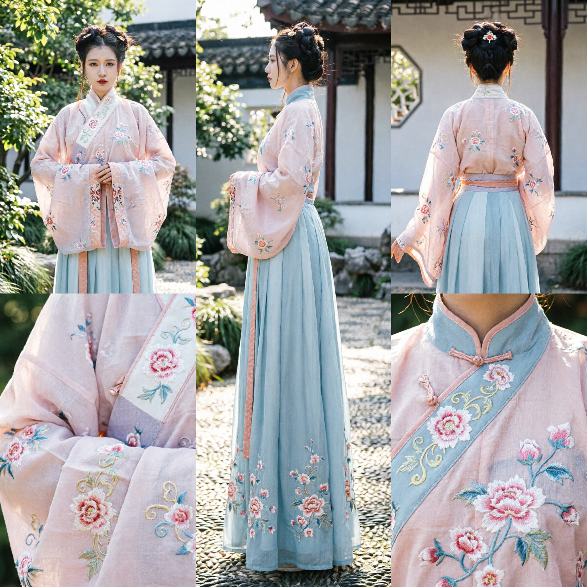 Elegant Pink and Blue Traditional Chinese Hanfu Costume Women Ancient Embroidered Ruqun Set for Cosplay