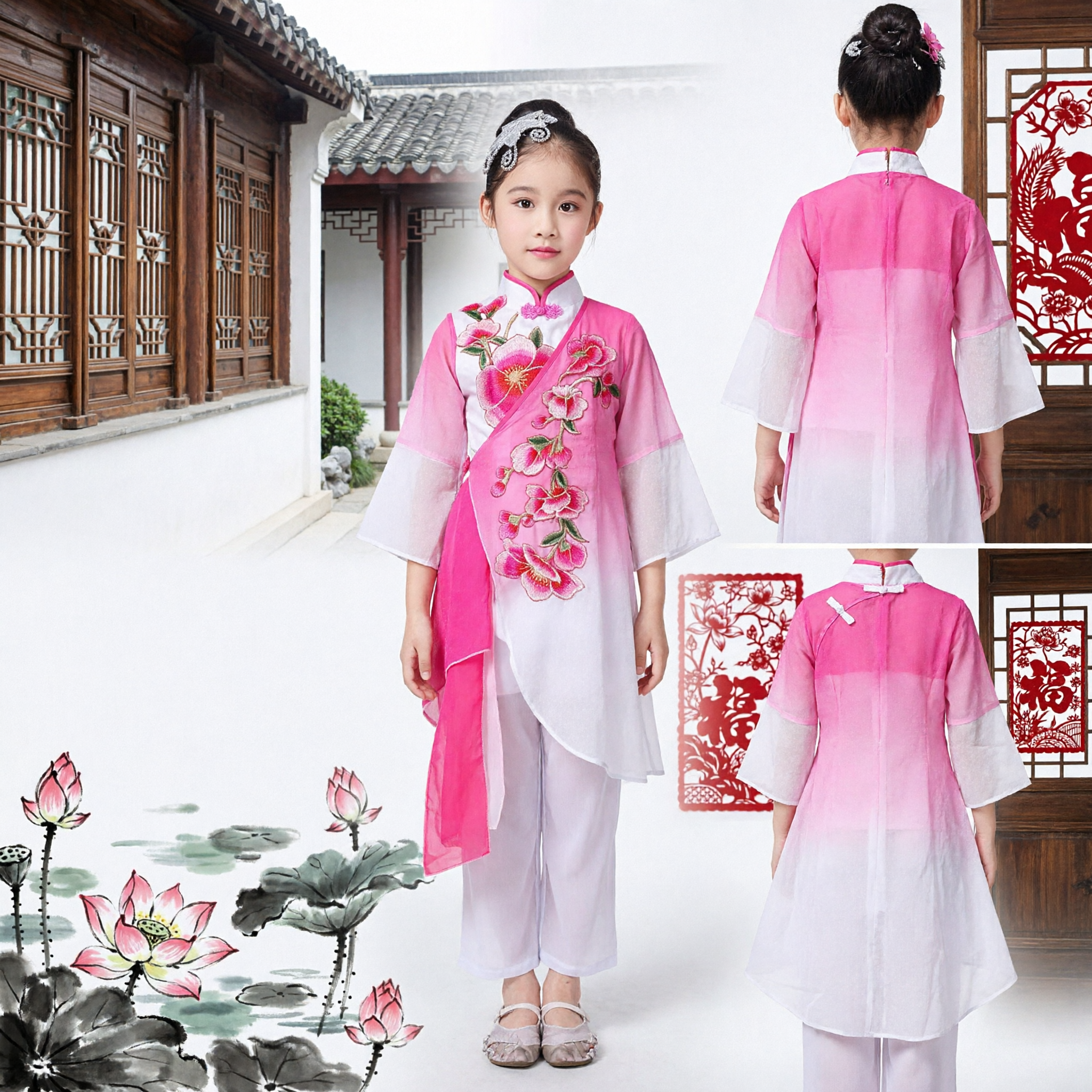 Traditional Pink Classical Chinese Dance Costume for Girls Kids Floral Embroidery Folk Stage Performance Outfit