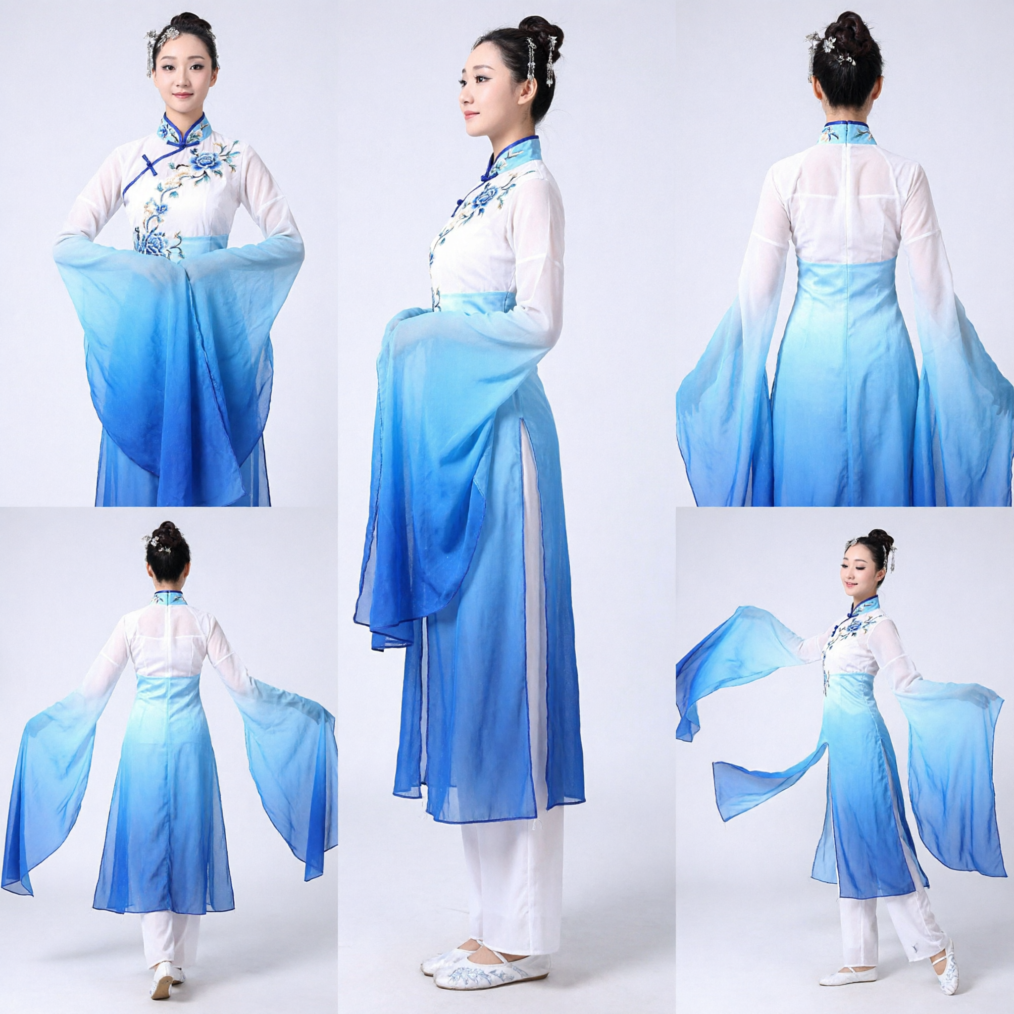 Traditional Chinese Classical Dance Costume for Women Blue Gradient Water Sleeve Yangge Fan Dance Performance Outfit