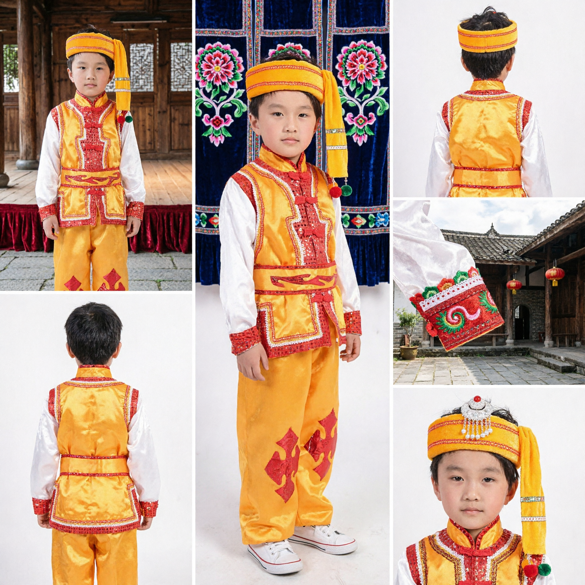 Traditional Chinese Ethnic Minority Folk Dance Costume for Kids Boys Yellow Red Stage Performance Outfit