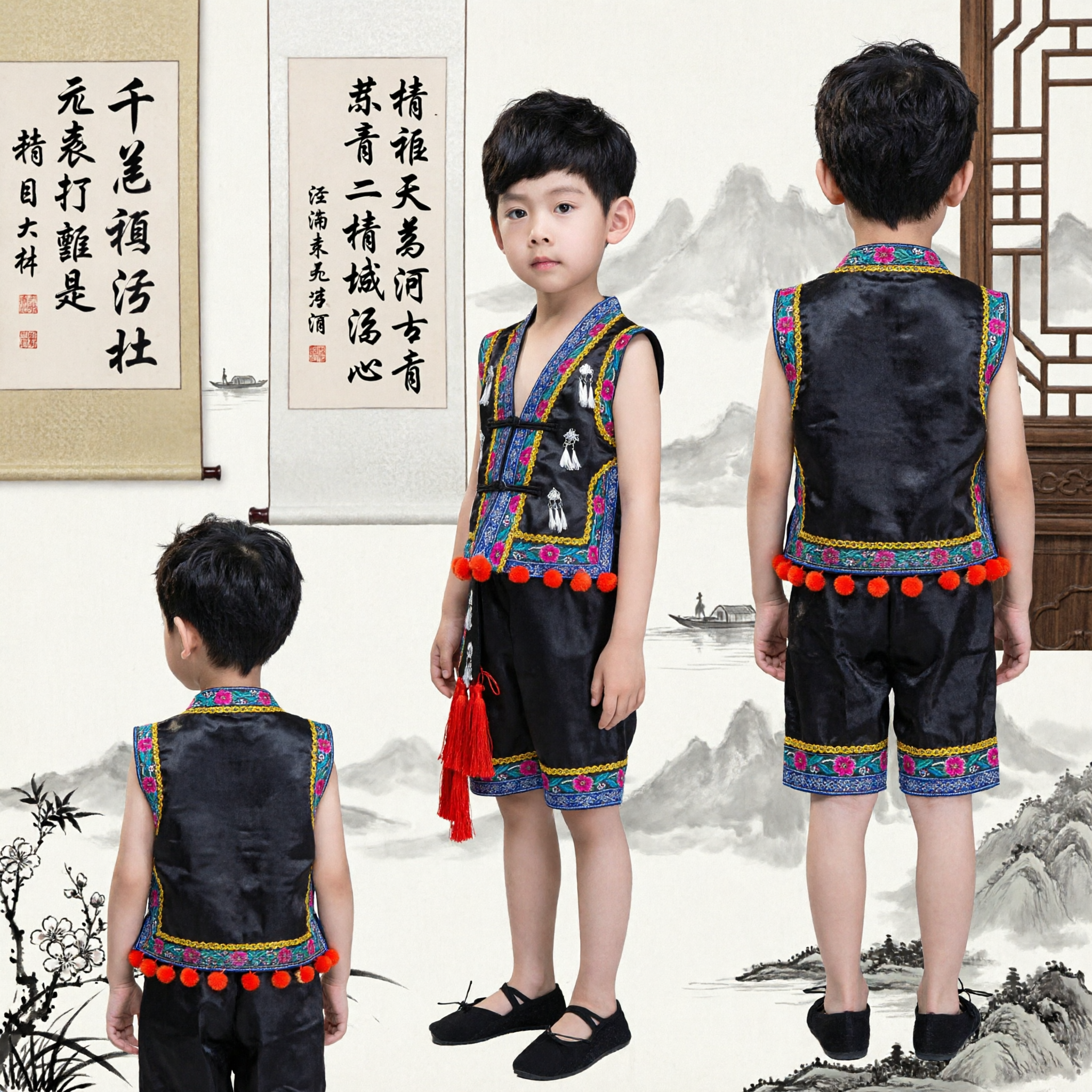 Boys Traditional Chinese Miao Ethnic Costume Folk Dance Performance Outfit Embroidered Vest and Shorts Set for Kids