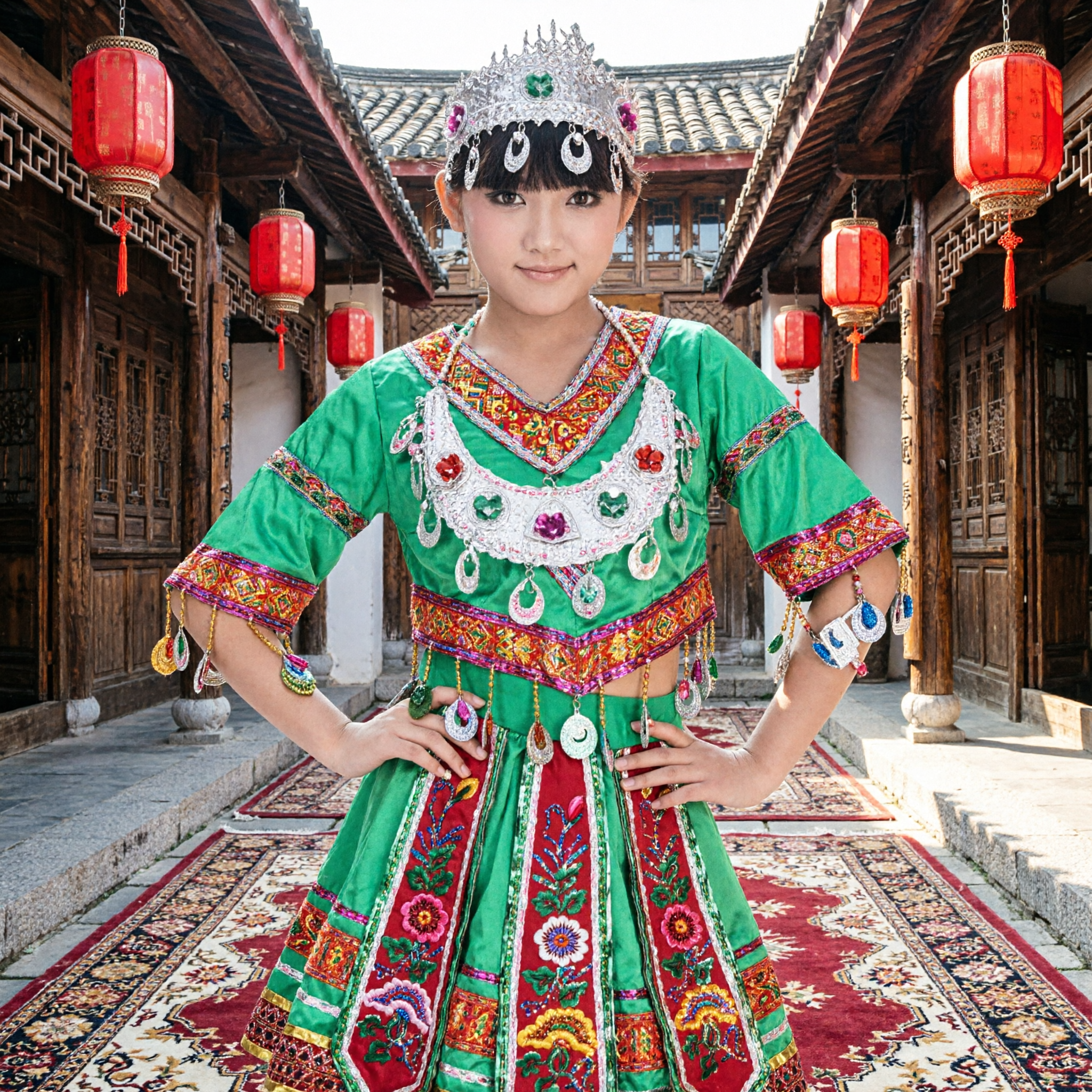 Chinese Miao Ethnic Minority Folk Dance Costume Kids Girls Traditional Stage Performance Dress with Silver Headdress