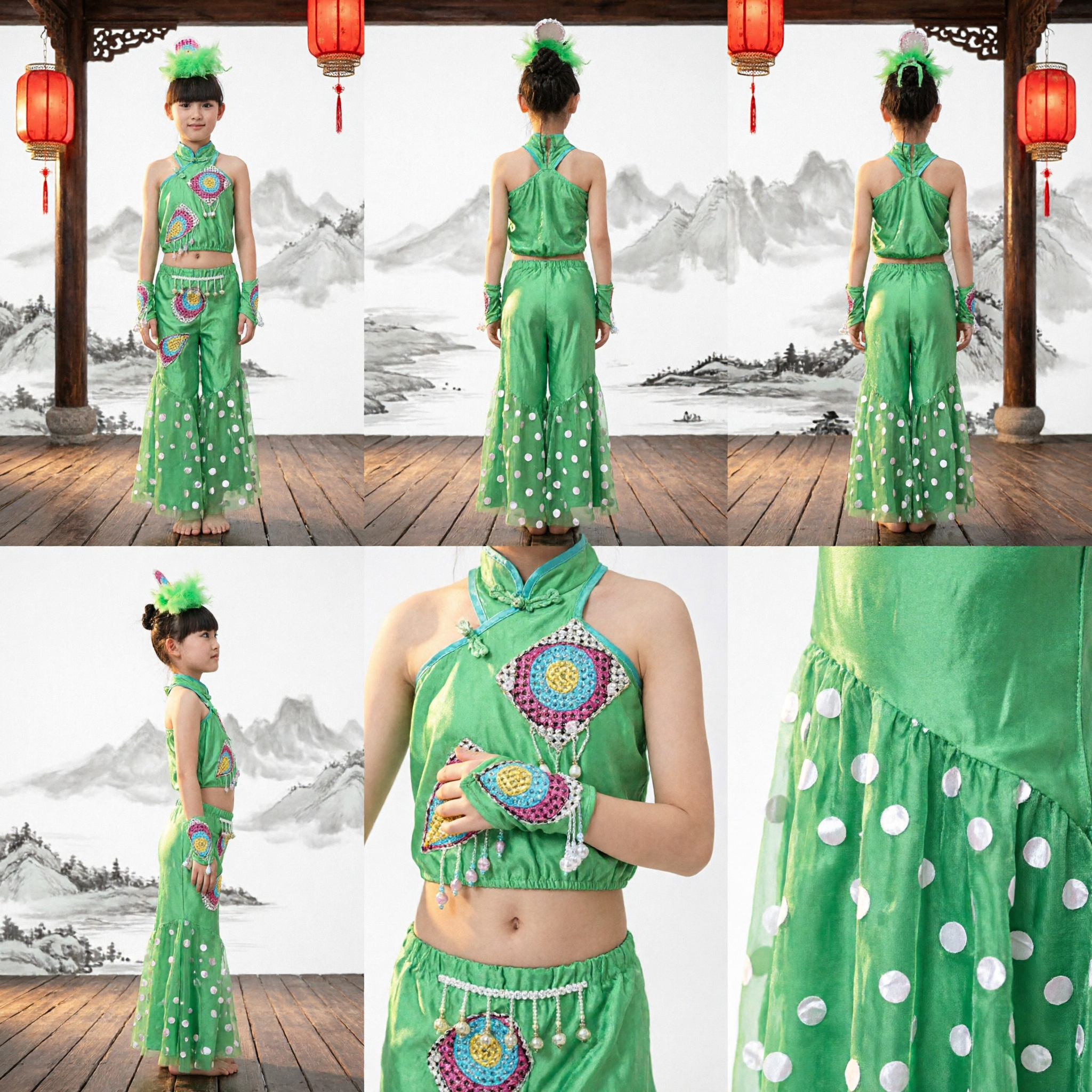 Girls Chinese Traditional Dai Peacock Dance Costume Green Folk Performance Outfit for Kids