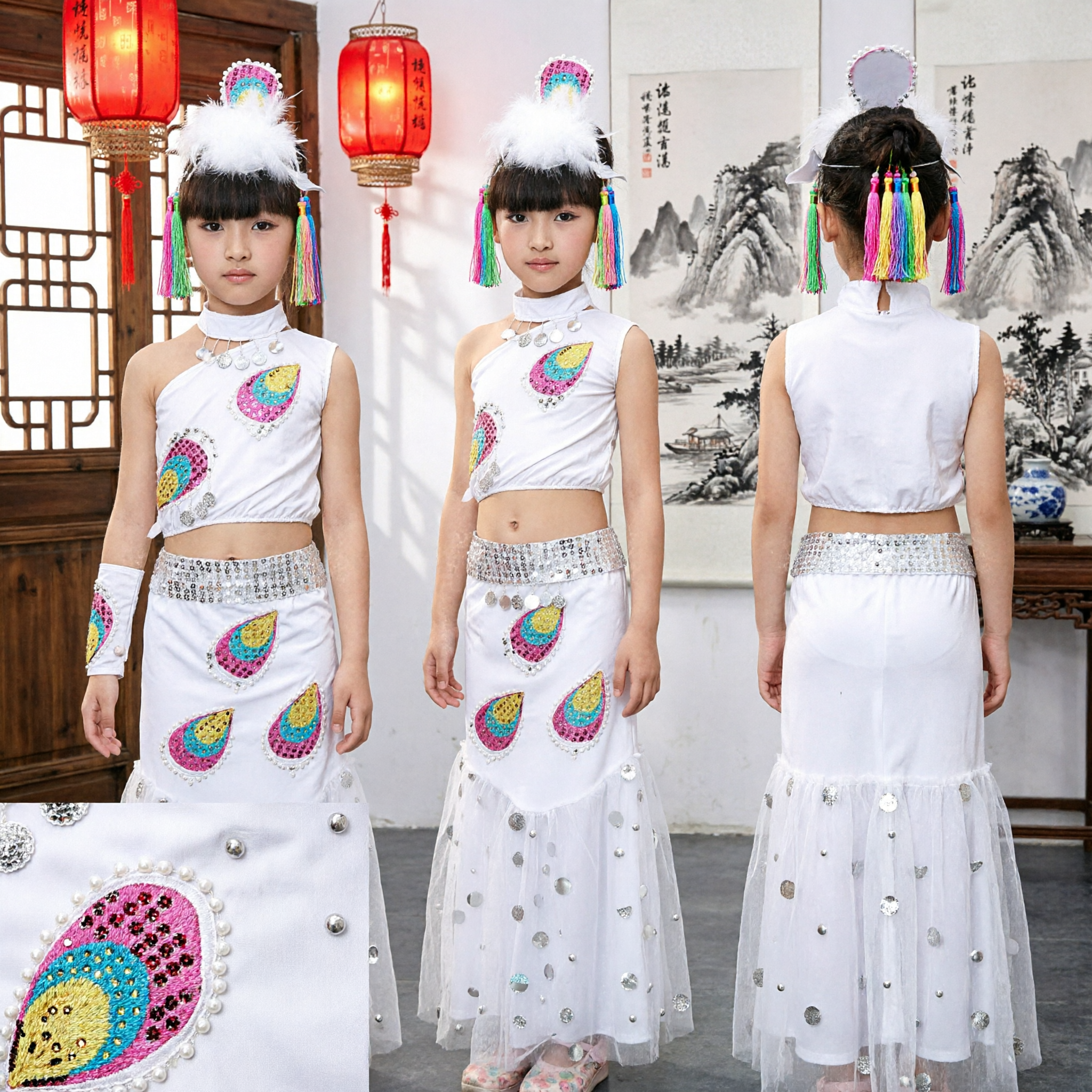 Children Girls White Sequin Peacock Dance Costume Dai Ethnic Folk Stage Performance Outfit