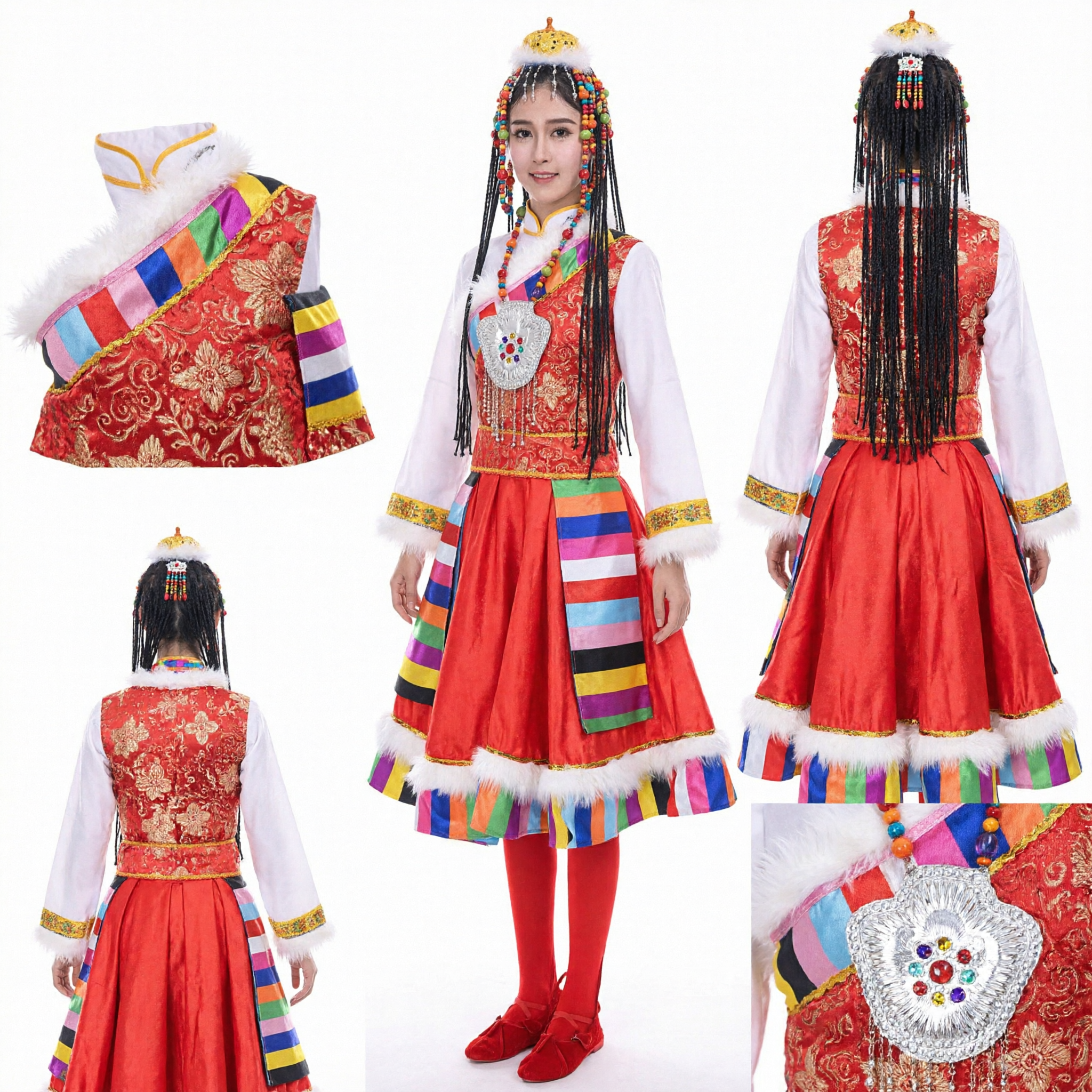 Women's Traditional Tibetan Ethnic Dance Costume Red Dress with Colorful Stripes and Beaded Headpiece for Folklore Performance