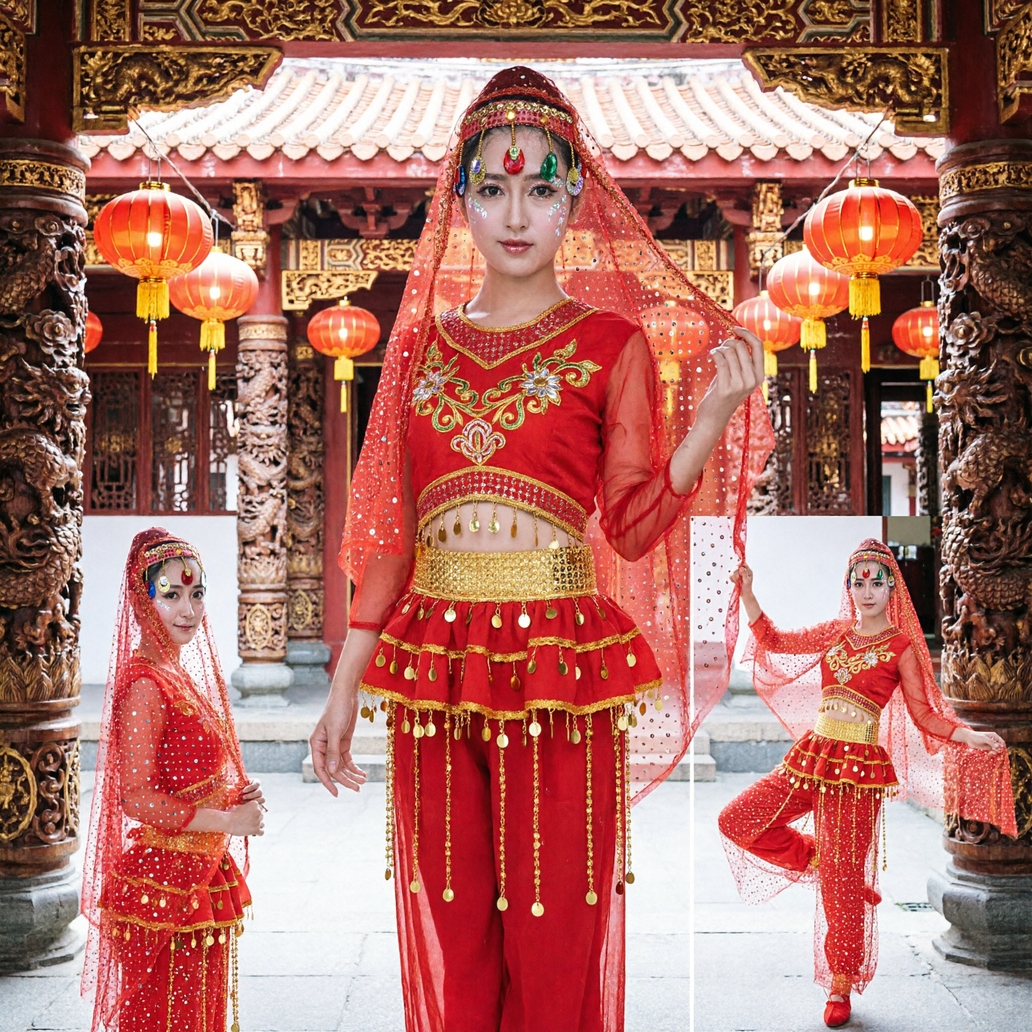 Women's Red Sequin Bollywood Style Dance Costume with Veil and Gold Fringe for Stage Performance