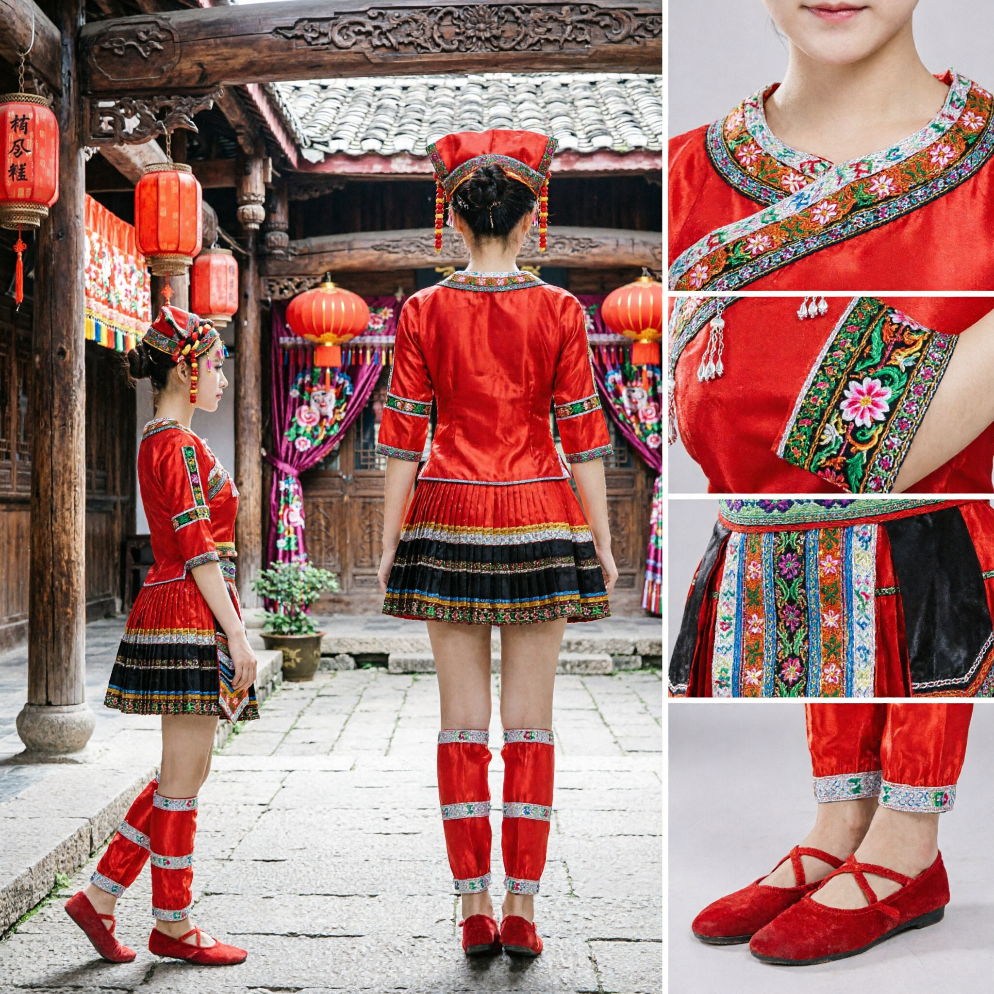 Chinese Traditional Zhuang Nationality Folk Dance Costume Red Embroidered Dress Set for Women Stage Performance