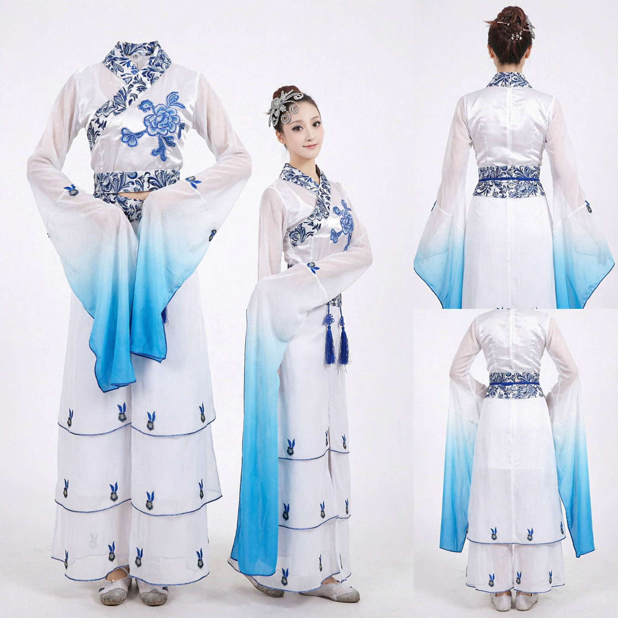 Women's Chinese Classical Dance Costume Blue and White Water Sleeve Folk Performance Outfit with Embroidery