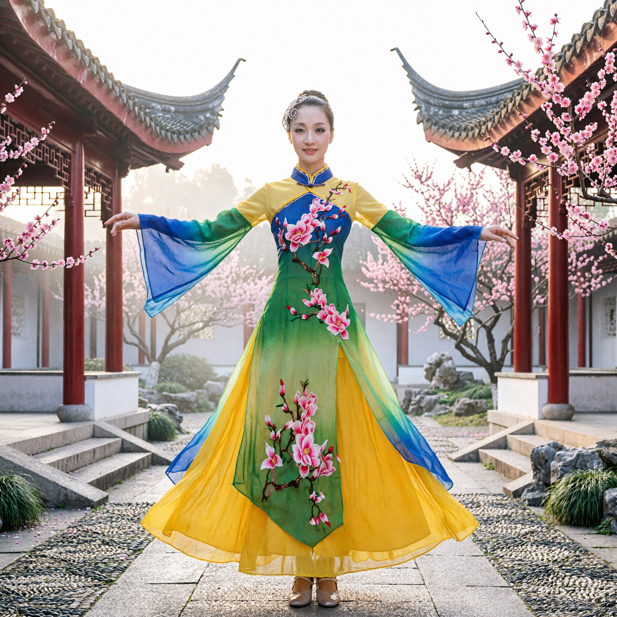 Traditional Chinese Folk Dance Costume Women Floral Cheongsam Dress Stage Performance Yangge Fan Dance Outfit