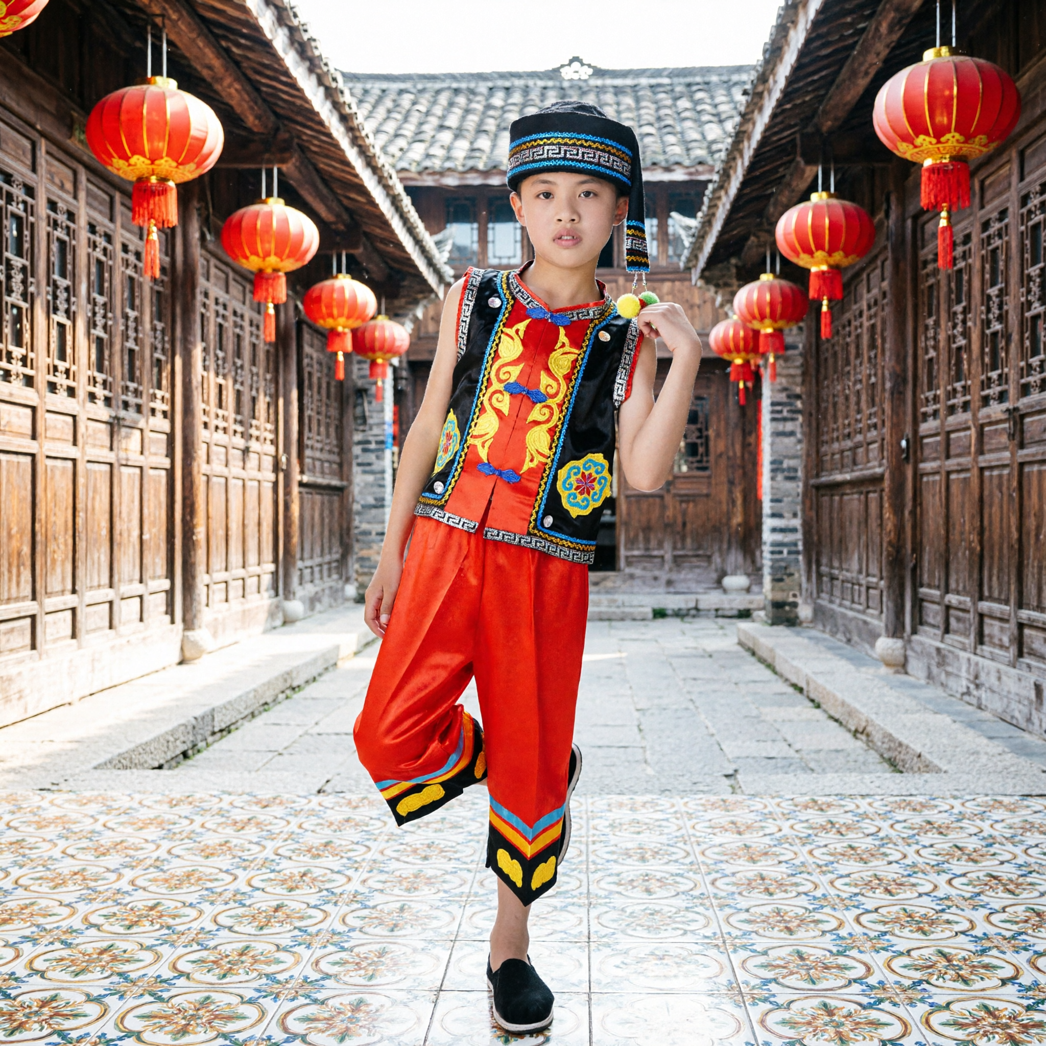 Kids Chinese Traditional Ethnic Minority Folk Dance Costume Boy Stage Performance Outfit Zhuang Nationality Clothing Set