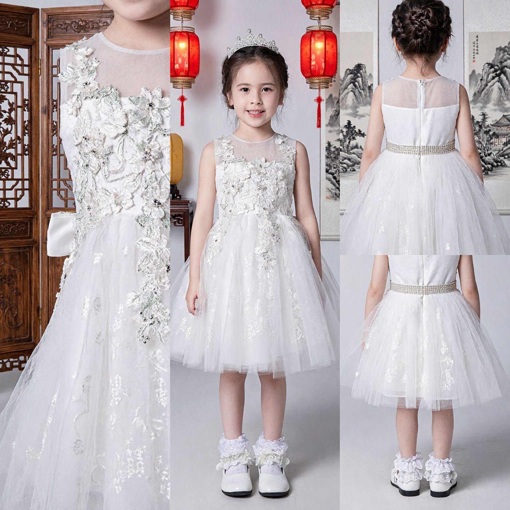Elegant White Lace Flower Girl Dress Kids Wedding Party Princess Formal Gown Tulle Skirt Sleeveless