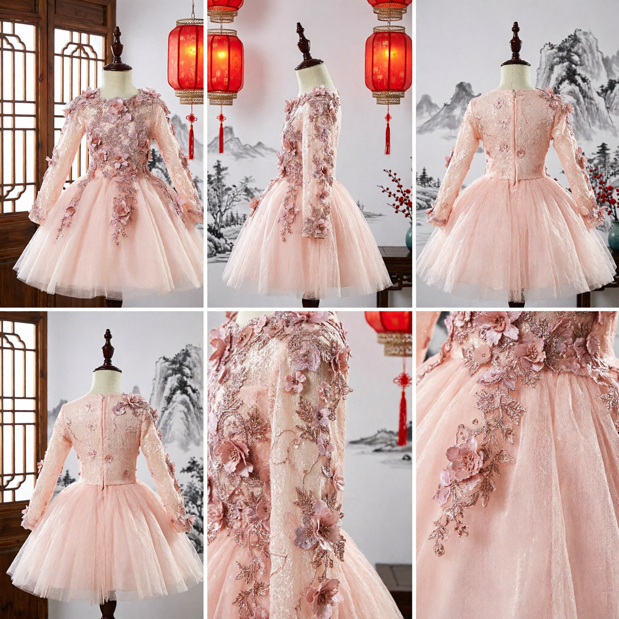Elegant Pink Lace Flower Girl Dress with 3D Floral Appliques Long Sleeve Tulle Party Gown for Kids