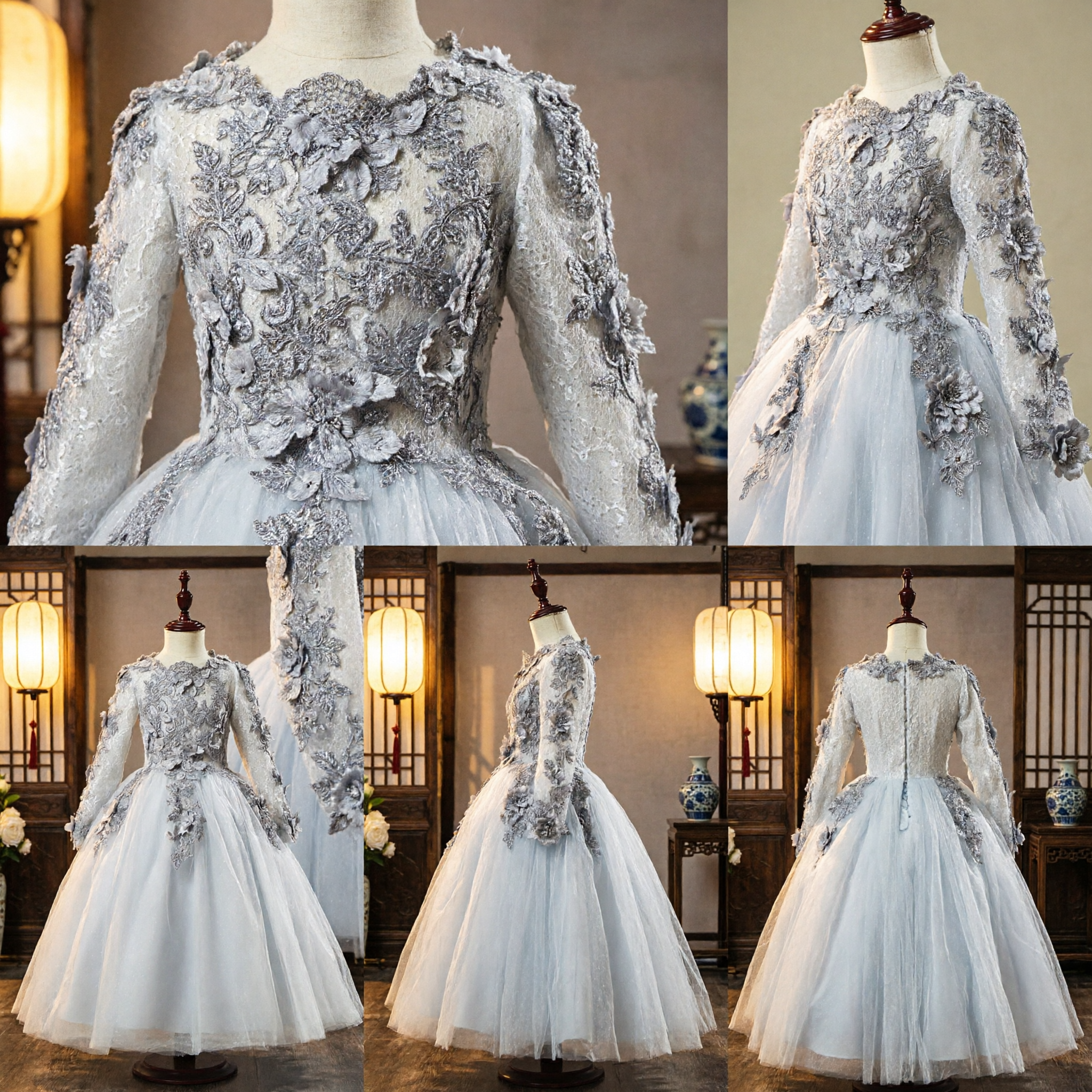 Elegant White Lace Flower Girl Dress with 3D Floral Appliques Long Sleeve Tulle Princess Gown for Wedding