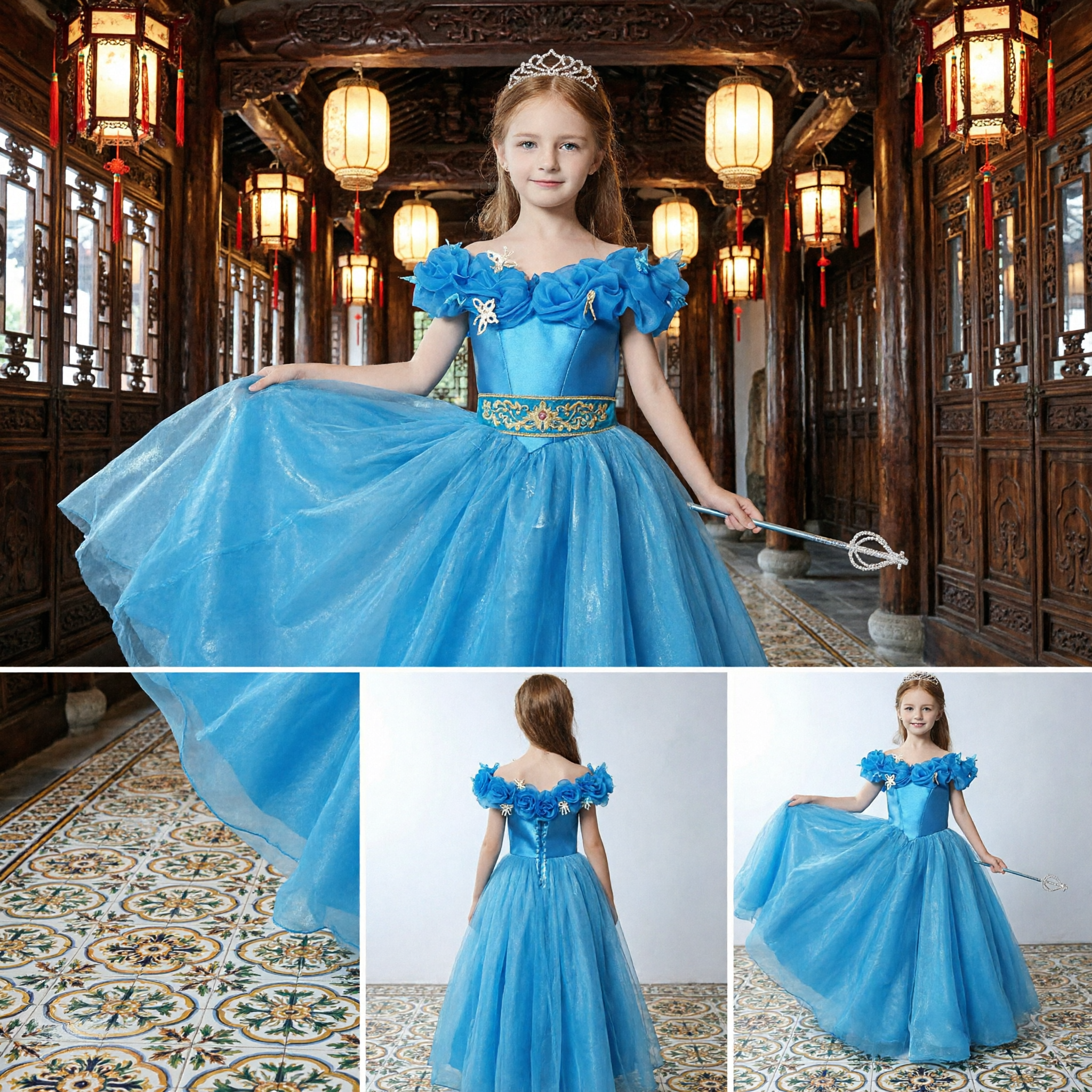 Girls Blue Cinderella Princess Costume Dress Long Tulle Ball Gown with Floral Sleeves for Party Performance