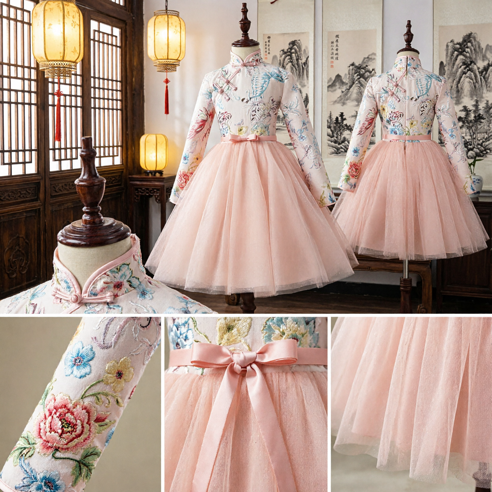 Girls Traditional Chinese Cheongsam Dress Floral Embroidery Mandarin Collar Top Pink Tulle Skirt for Wedding Flower Girl