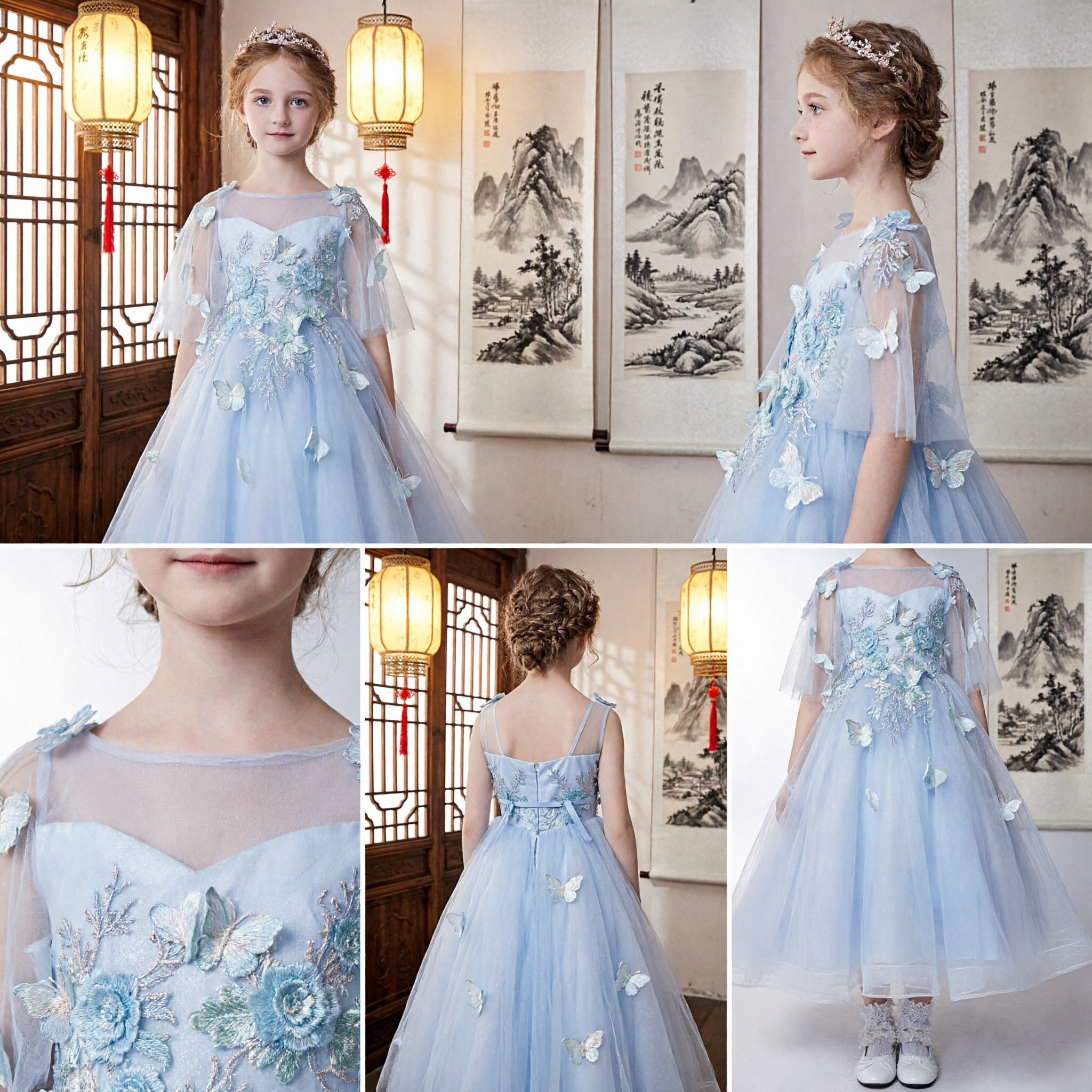Elegant Light Blue Tulle Flower Girl Dress with 3D Butterfly Appliques Kids Wedding Party Gown