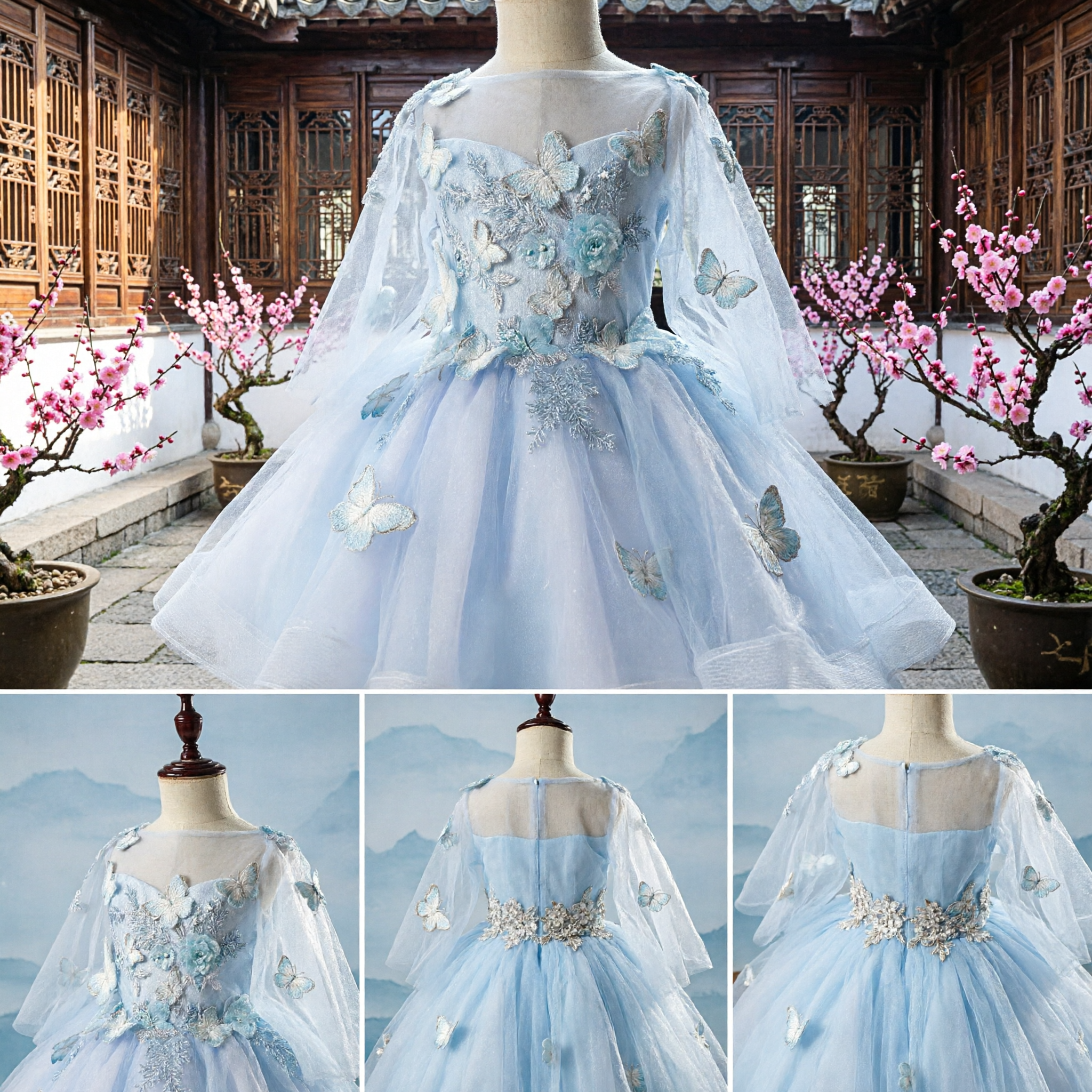 Girls Blue Butterfly Fairy Princess Dress with Cape Tulle Skirt Wedding Party Performance Costume