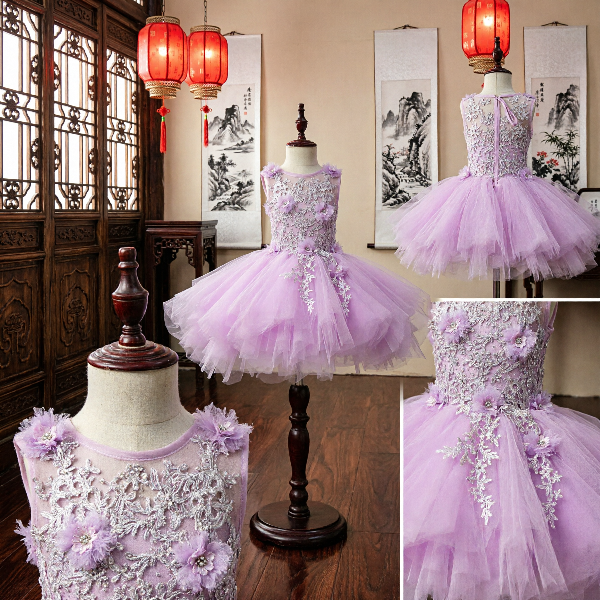 Elegant Purple Princess Dress for Girls Kids Flower Girl Wedding Party Lace Floral Tulle Tutu Gown