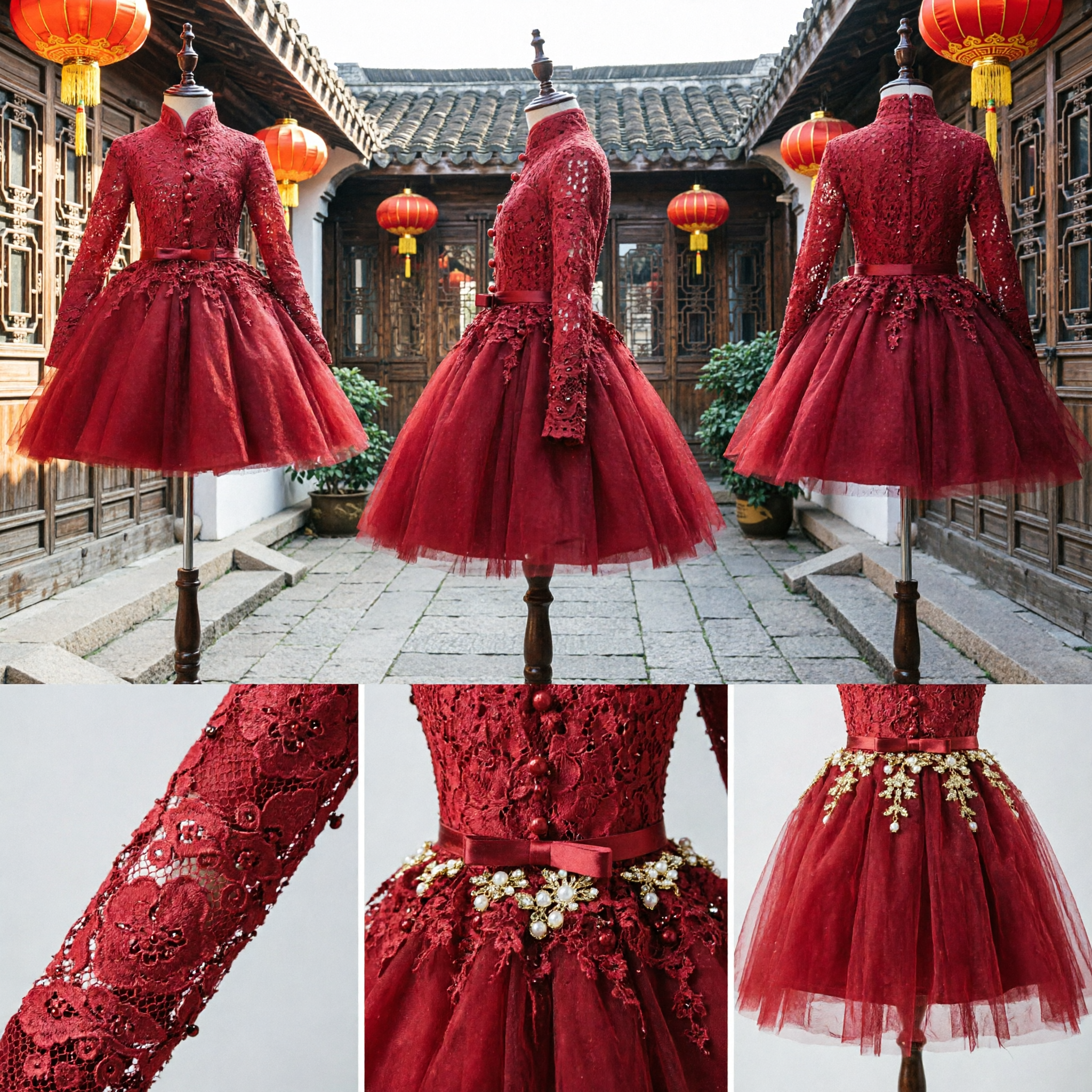 Traditional Red Lace Kids Cheongsam Dress Long Sleeve Mandarin Collar Flower Girl Wedding Chinese New Year Gown