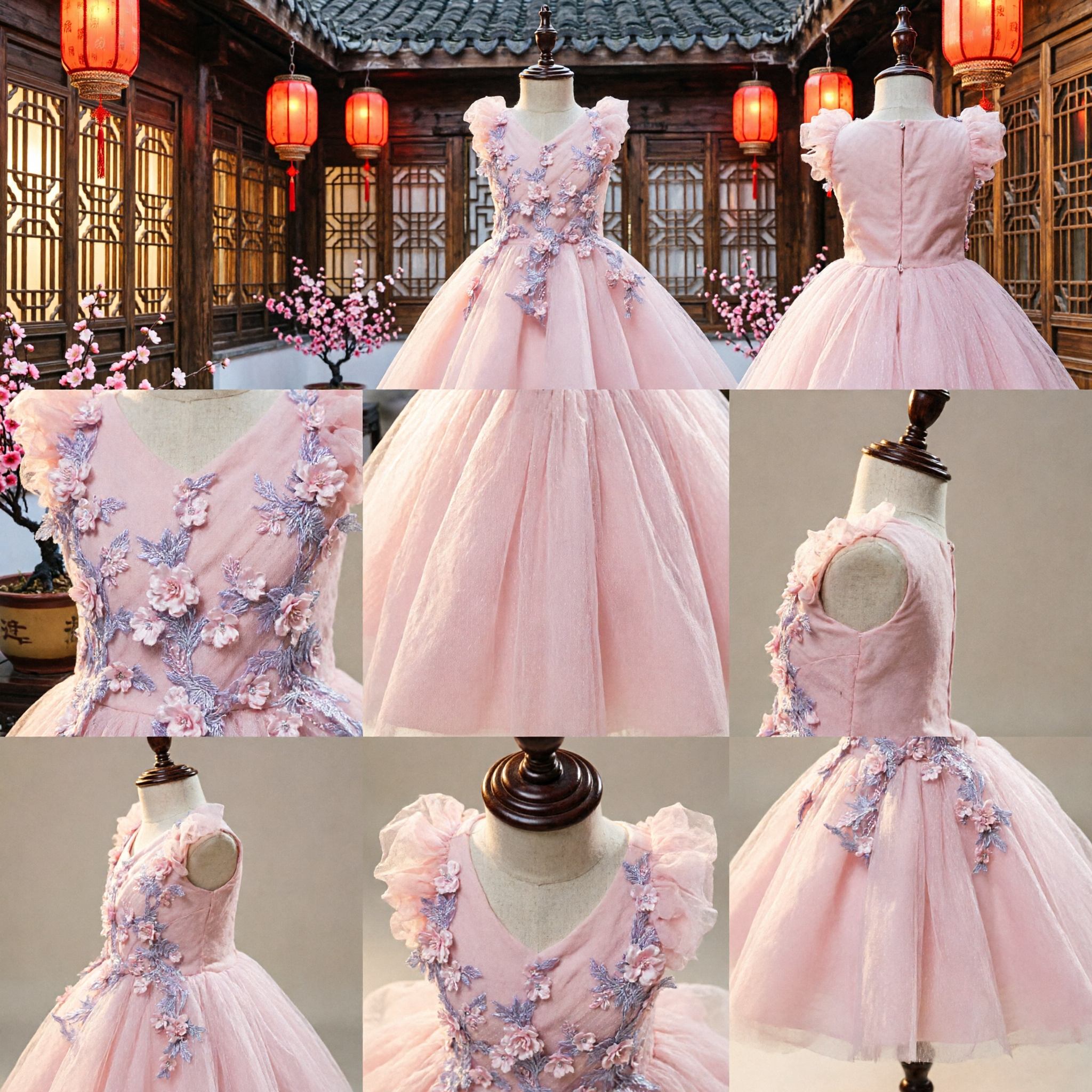 Elegant Pink Kids Flower Girl Dress with Blue Floral Appliques Tulle Wedding Party Gown