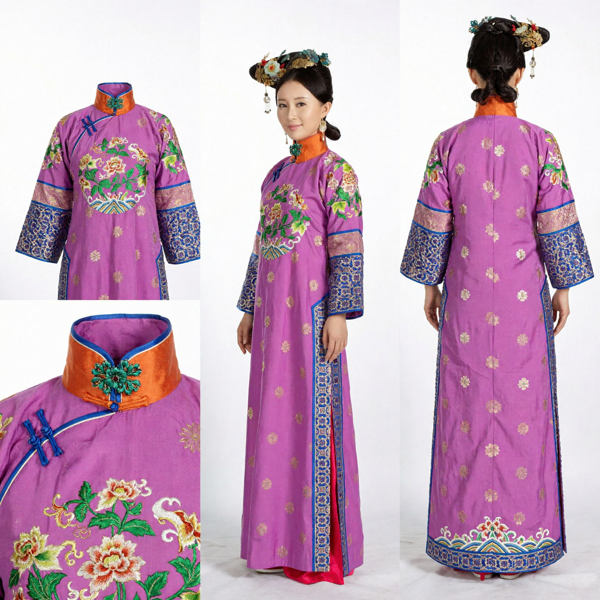 Ancient Chinese Qing Dynasty Palace Lady Purple Embroidered Robe Traditional Manchu Costume for Women Stage Performance