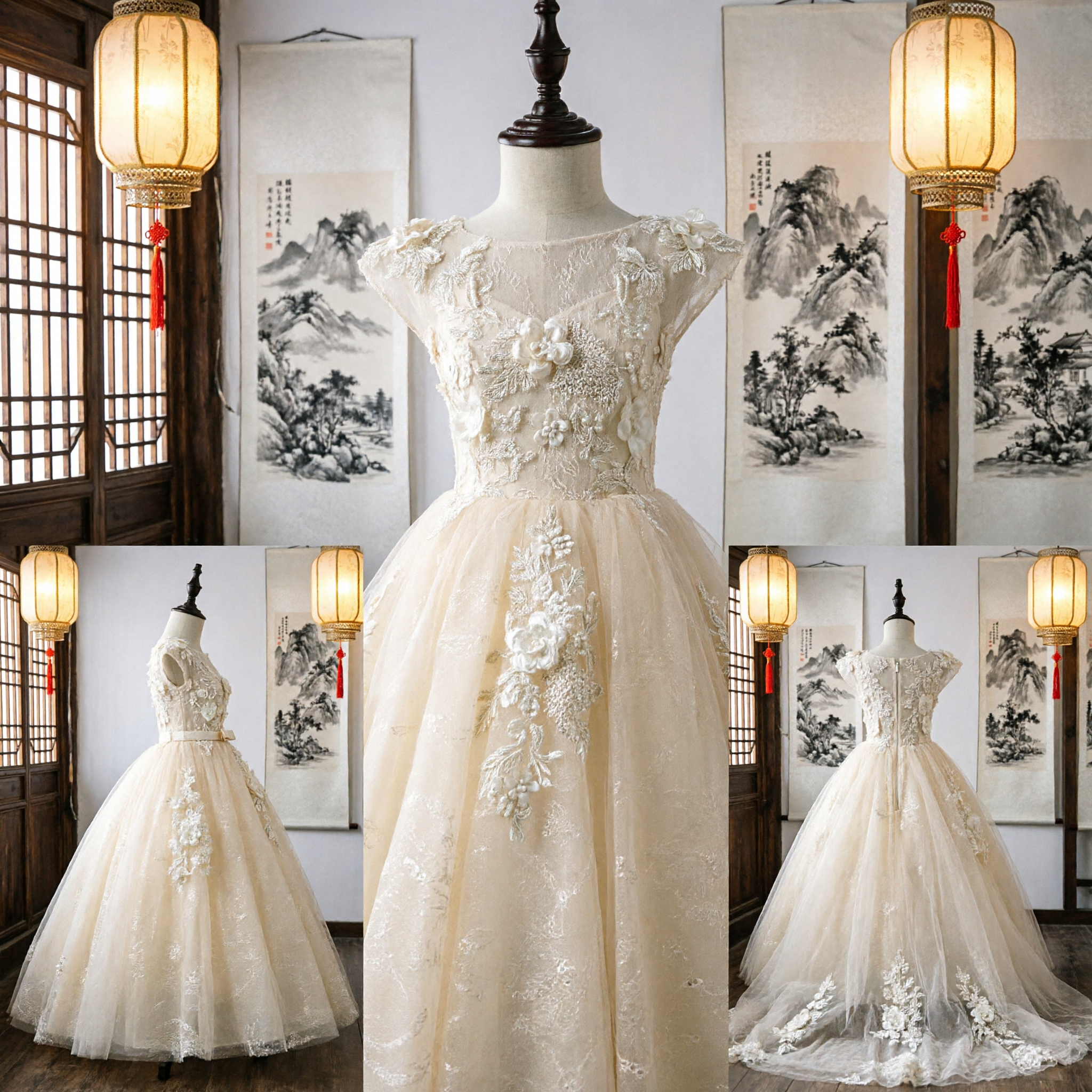Elegant Kids Girl Formal Wedding Flower Girl Dress Princess Ballgown with Floral Lace Embroidery