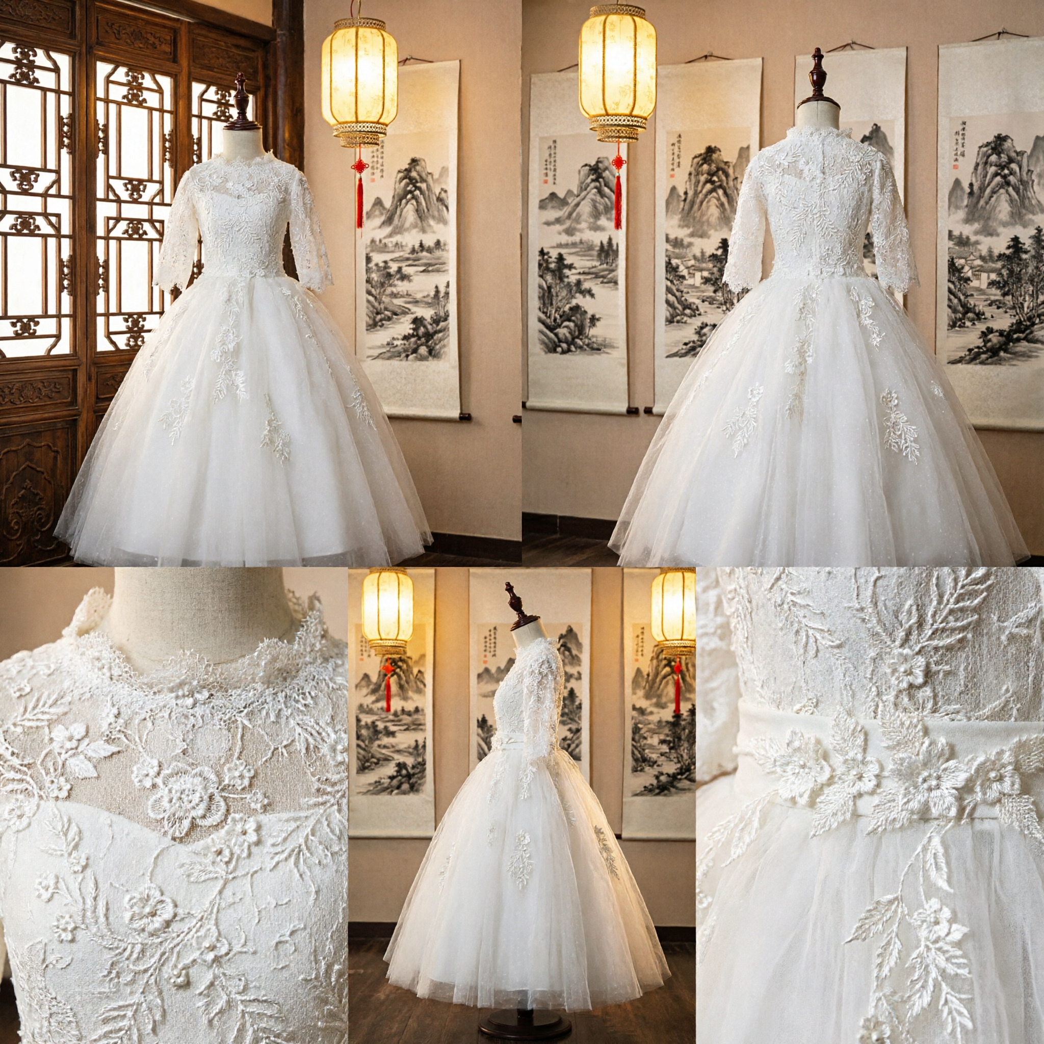 Elegant Girls White Lace First Communion Dress Long Sleeve Flower Girl Ballgown Formal Gown