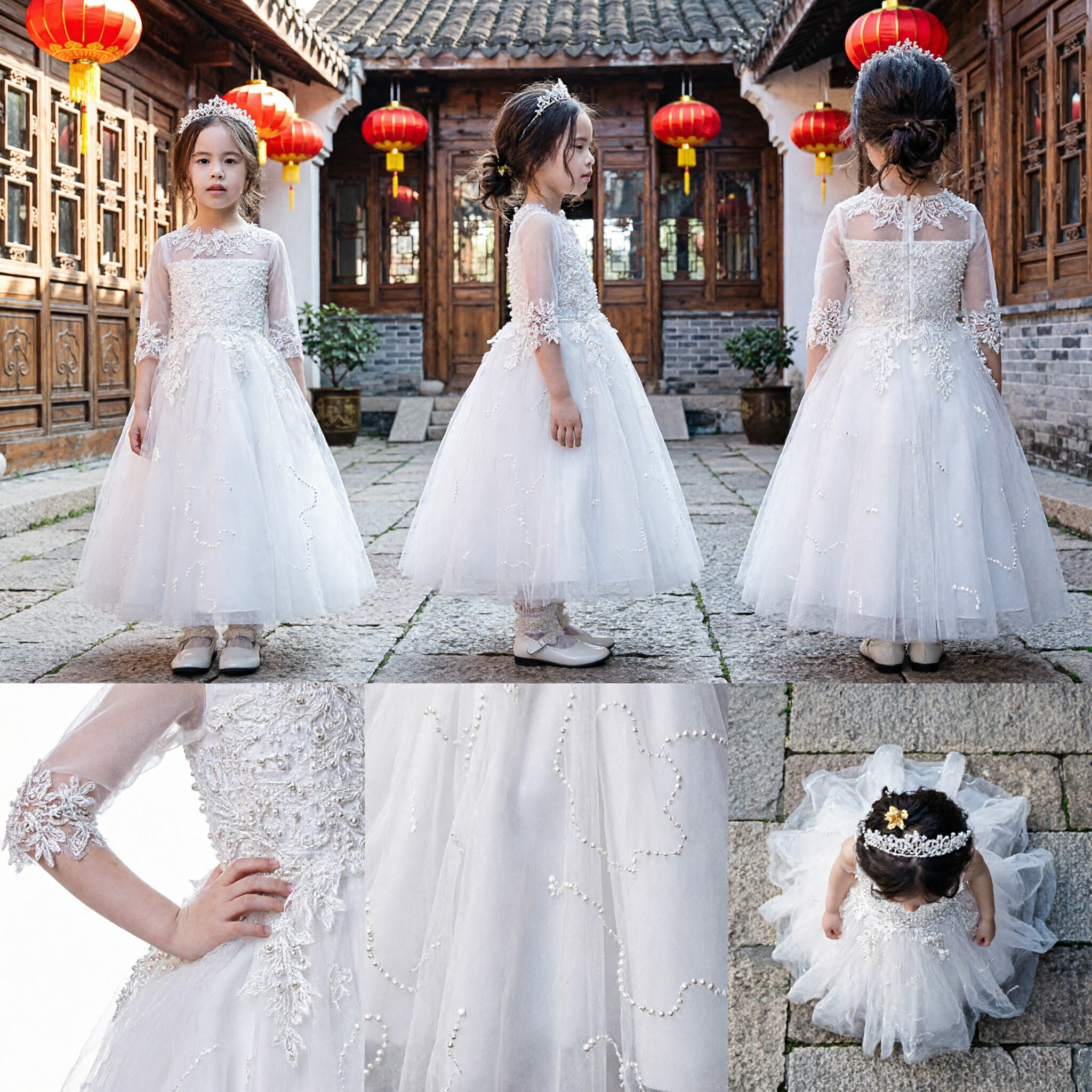 Elegant White Flower Girl Dress Long Sleeve Lace Bodice Tulle Skirt First Communion Gown for Kids