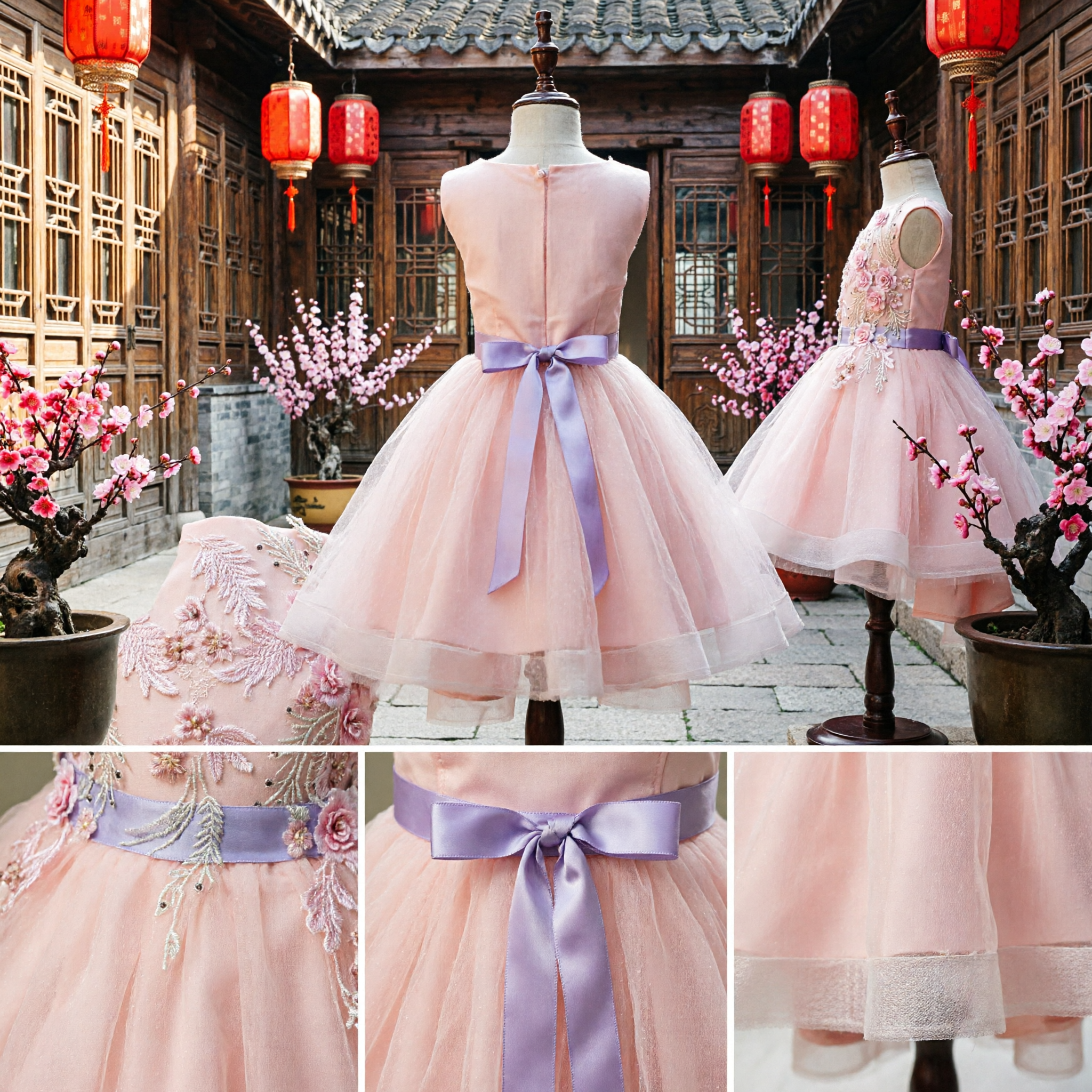 Pink Floral Embroidery Flower Girl Dress Princess Tulle Ball Gown for Wedding Party Pageant