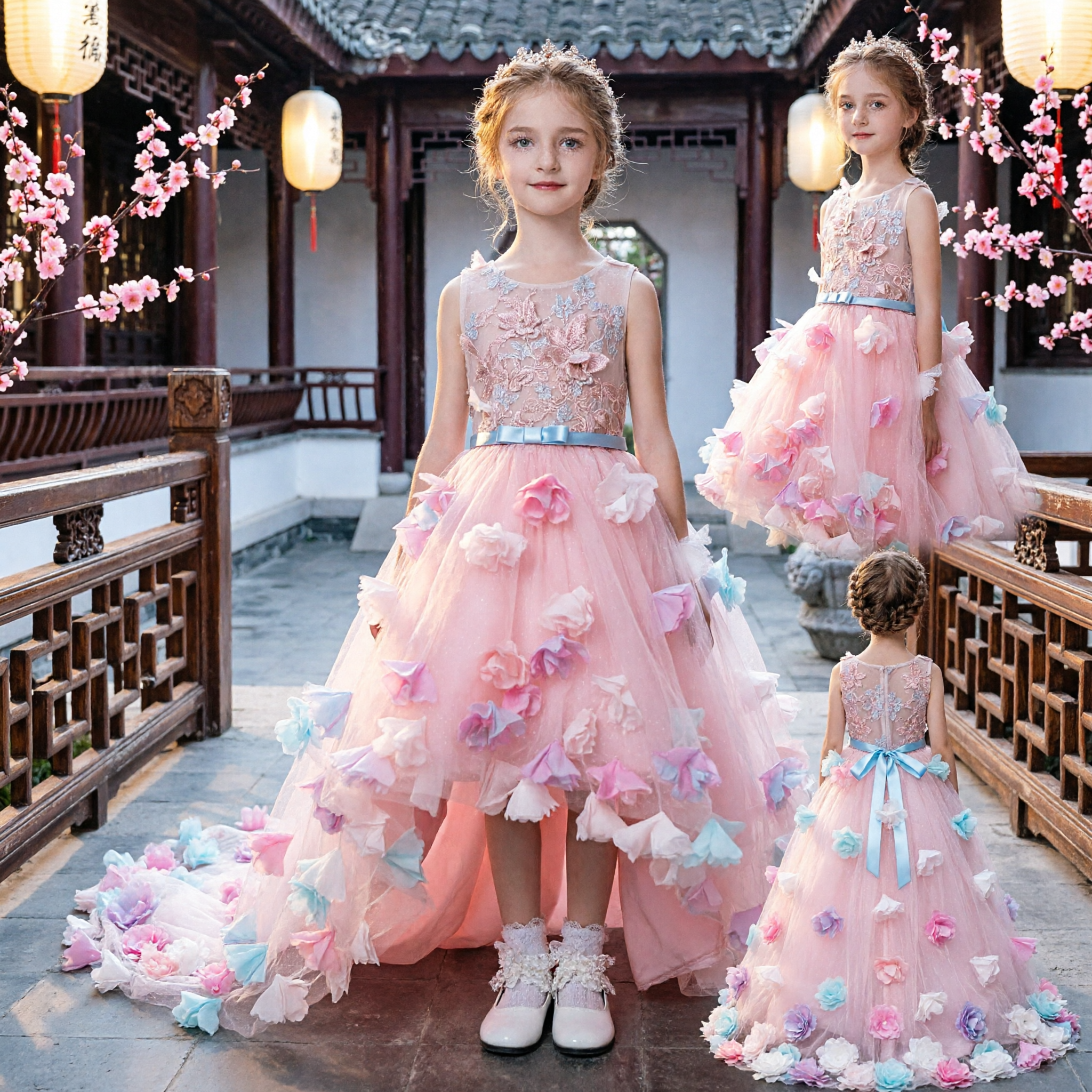 Pink 3D Floral Tulle Flower Girl Dress Princess Ball Gown for Kids Wedding Party Pageant