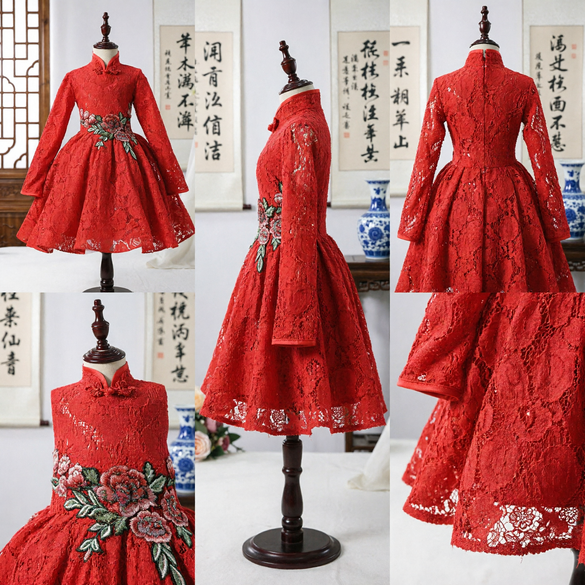Traditional Chinese Red Lace Dress for Girls Kids Wedding Party Long Sleeve Mandarin Collar Floral Embroidery
