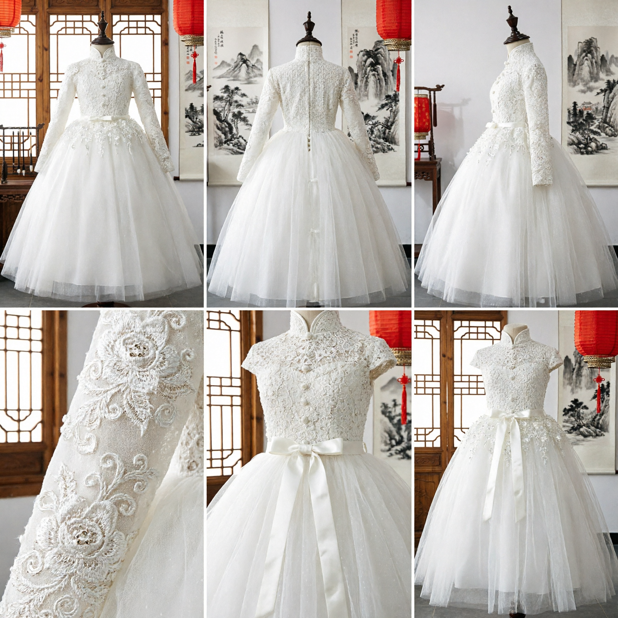Elegant White Chinese Style Wedding Dress Long Sleeve Lace Mandarin Collar Ballgown Bridal Gown