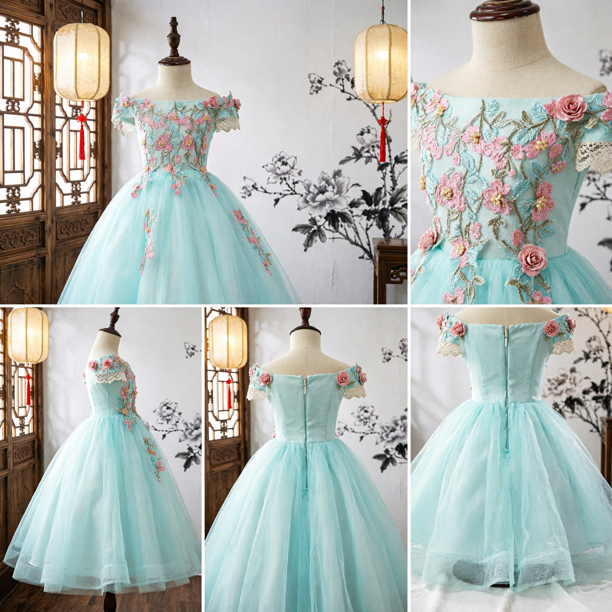 Elegant Floral Embroidered Flower Girl Dress Long Tulle Ball Gown Off-Shoulder Kids Formal Wear for Weddings