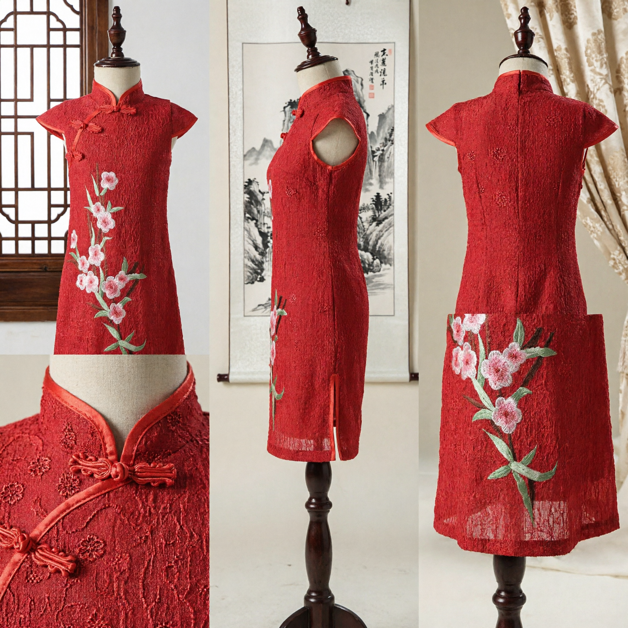 Traditional Red Chinese Qipao Dress for Kids Girls with Peach Blossom Embroidery for Lunar New Year