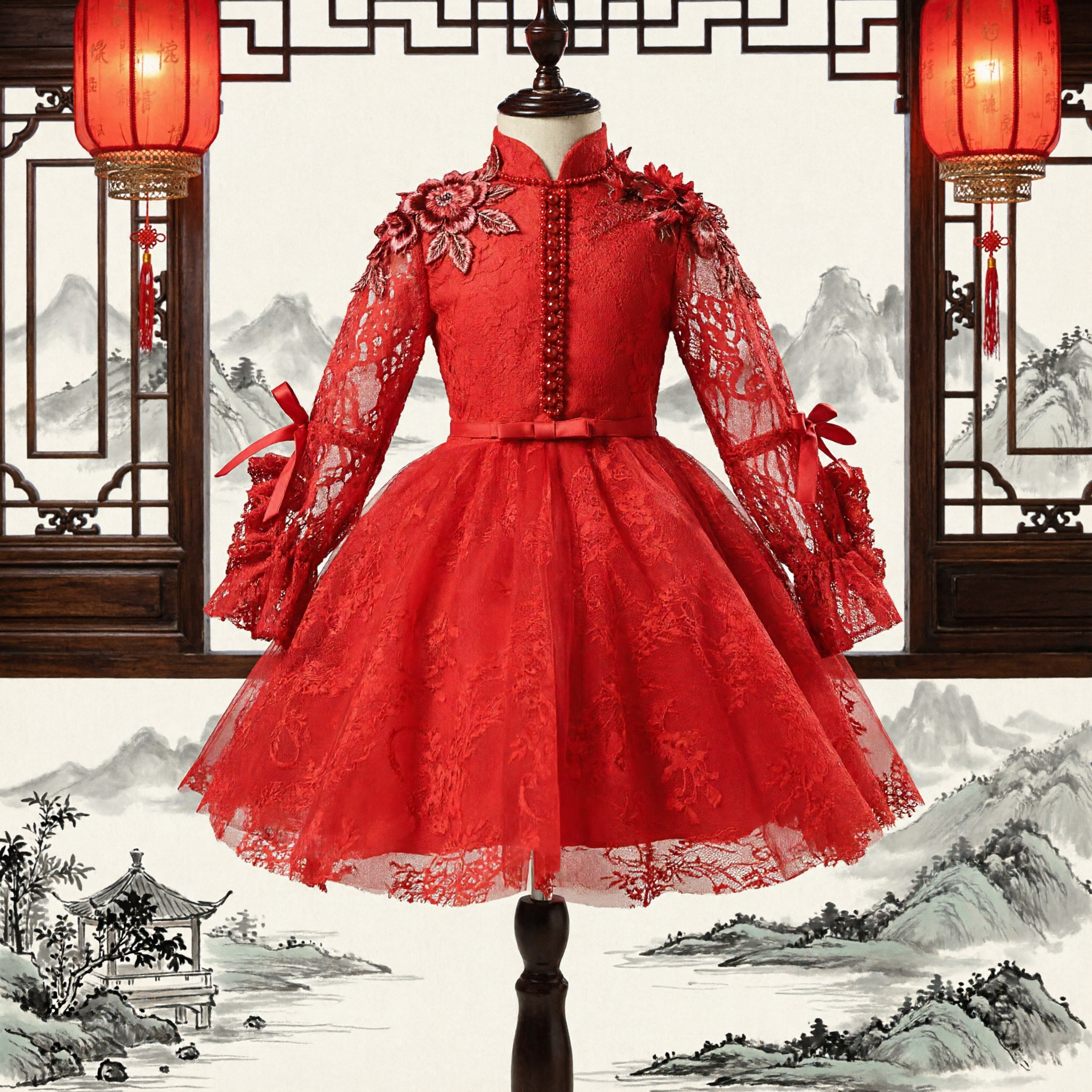 Girls Red Lace Traditional Chinese Wedding Dress Flower Girl Gown Mandarin Collar Long Sleeves