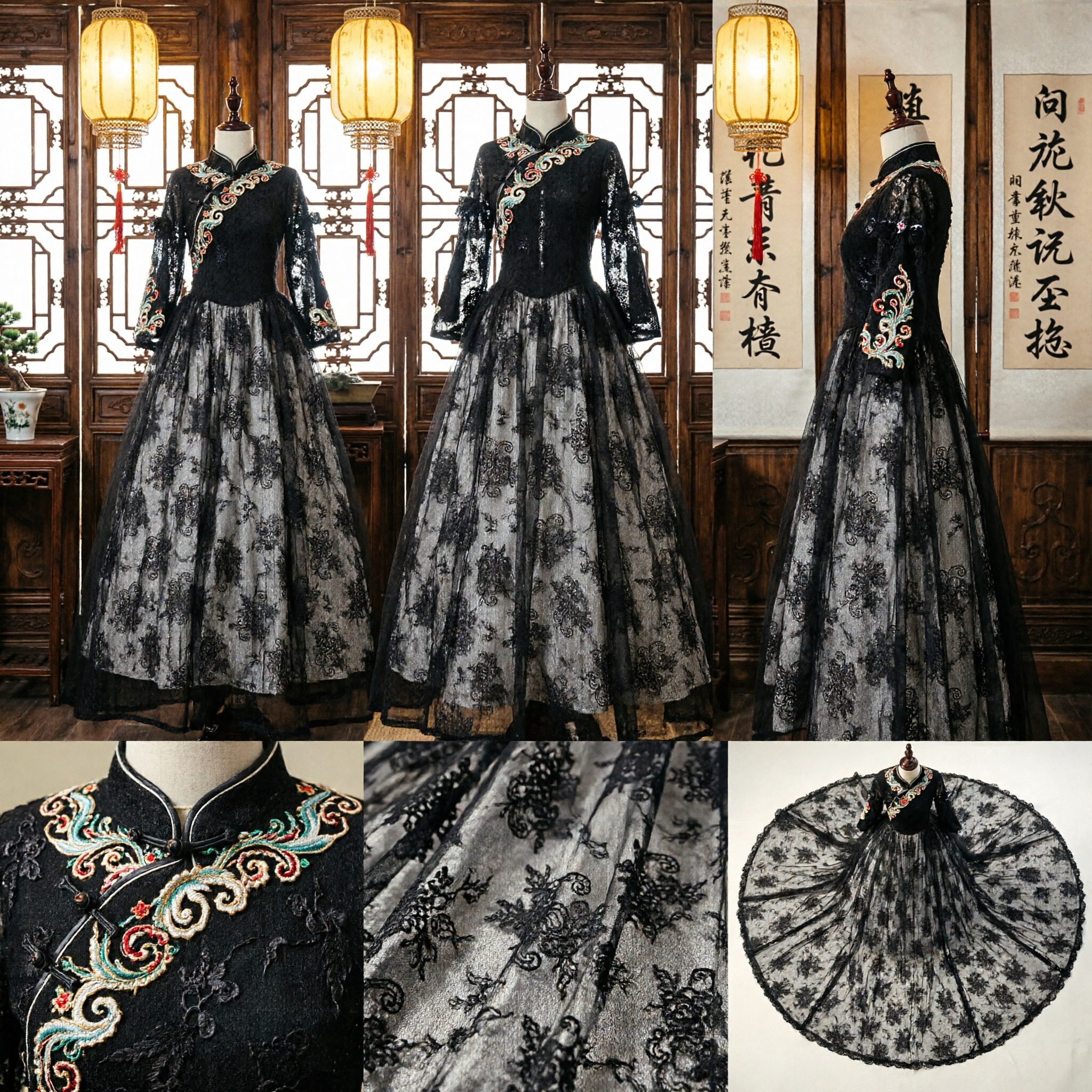 Elegant Black Lace Long Sleeve Wedding Dress Floor Length Ballgown with Train Formal Evening Gown