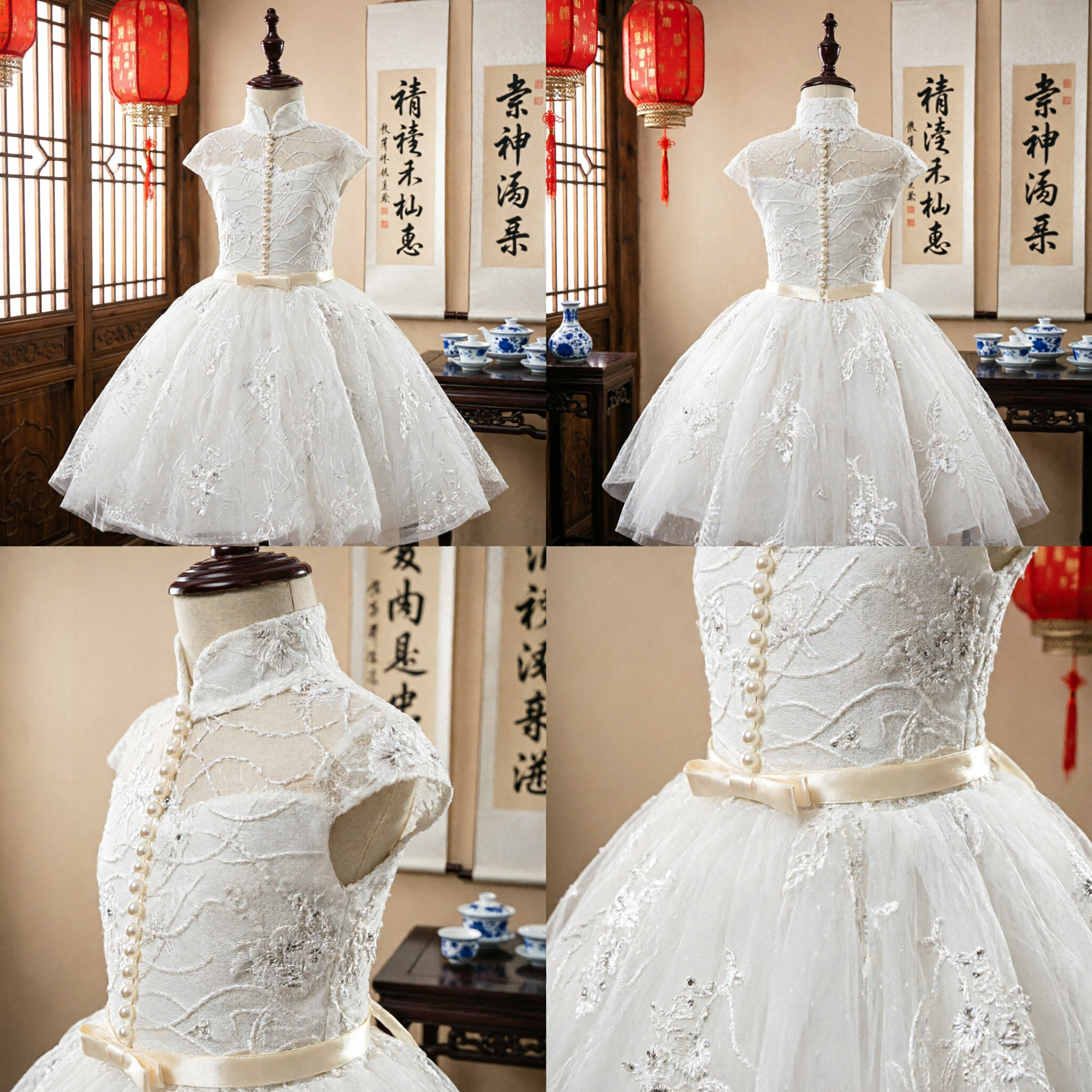 Elegant White Lace Flower Girl Dress with Mandarin Collar and Pearl Buttons for Wedding Party