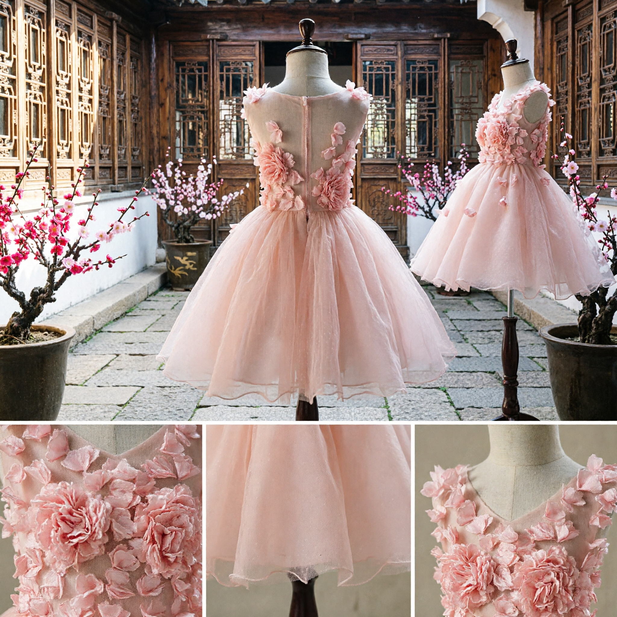 Girls Pink Flower Girl Dress Kids Wedding Party Gown 3D Floral Bodice Tulle Skirt Formal Wear