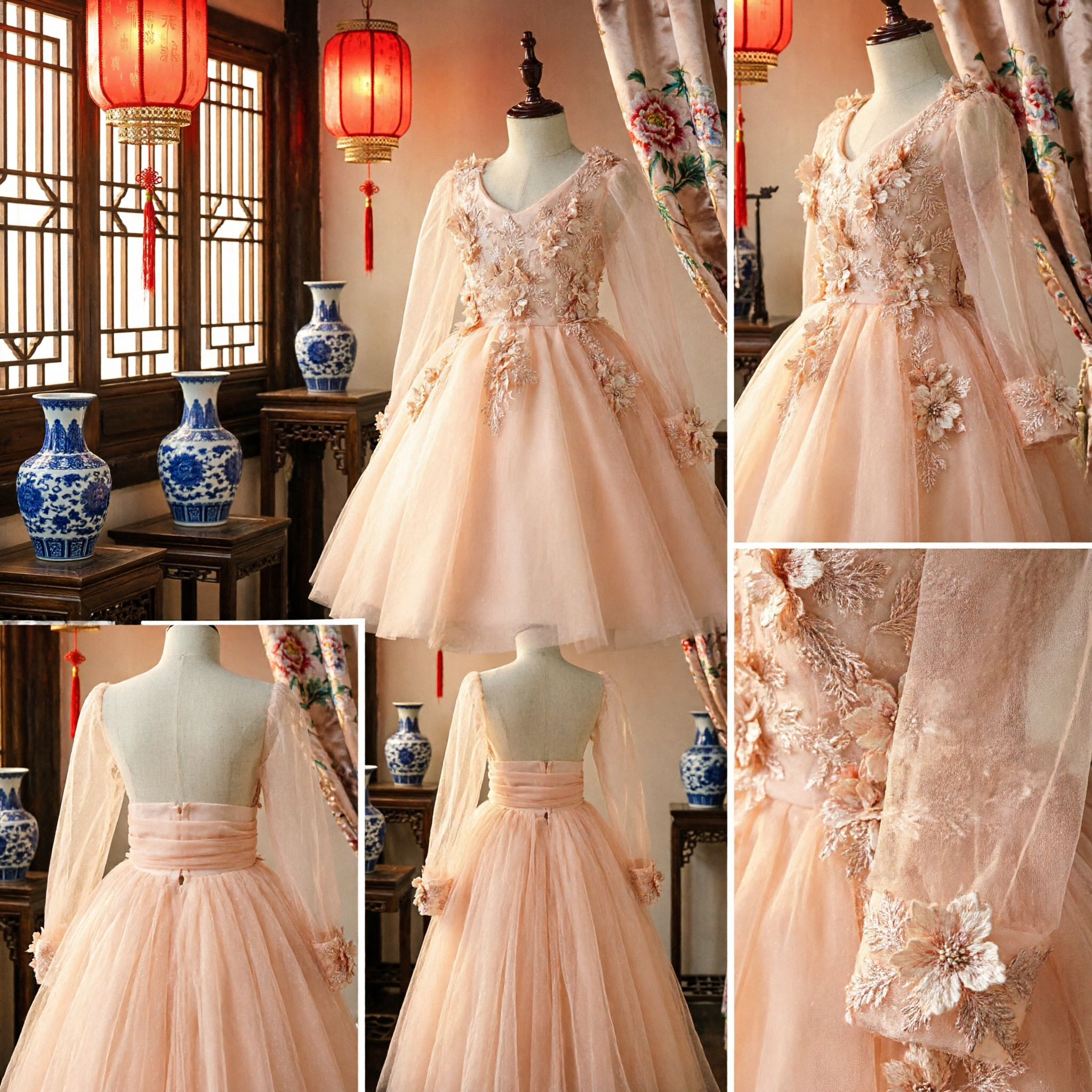 Elegant Peach Flower Girl Dress Long Sleeve 3D Floral Applique Tulle Gown for Kids Wedding Pageant