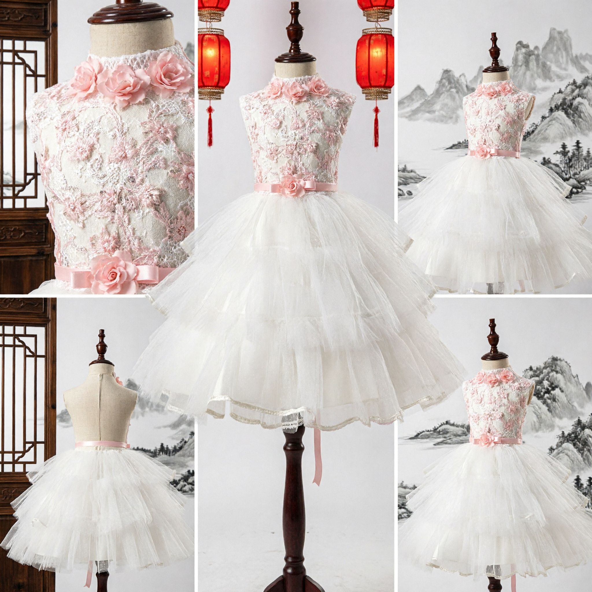 Girls White Pink Floral Embroidered Flower Girl Dress Tulle Tutu Skirt Wedding Party Gown