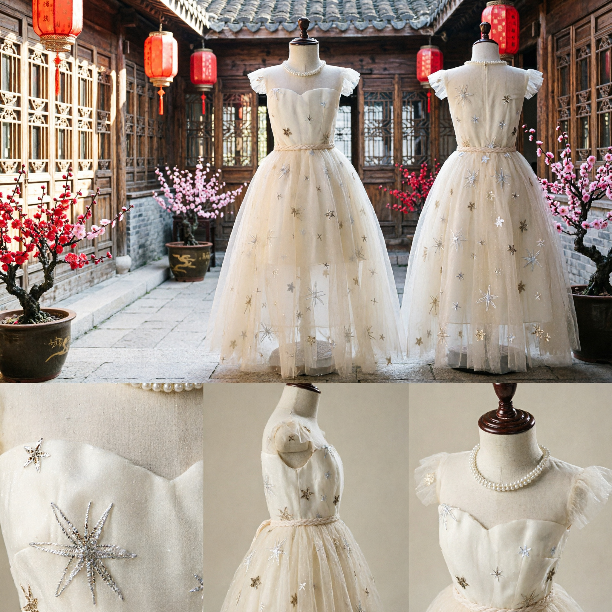 Elegant Cream Tulle Flower Girl Dress with Star Embroidery for Weddings and First Communions