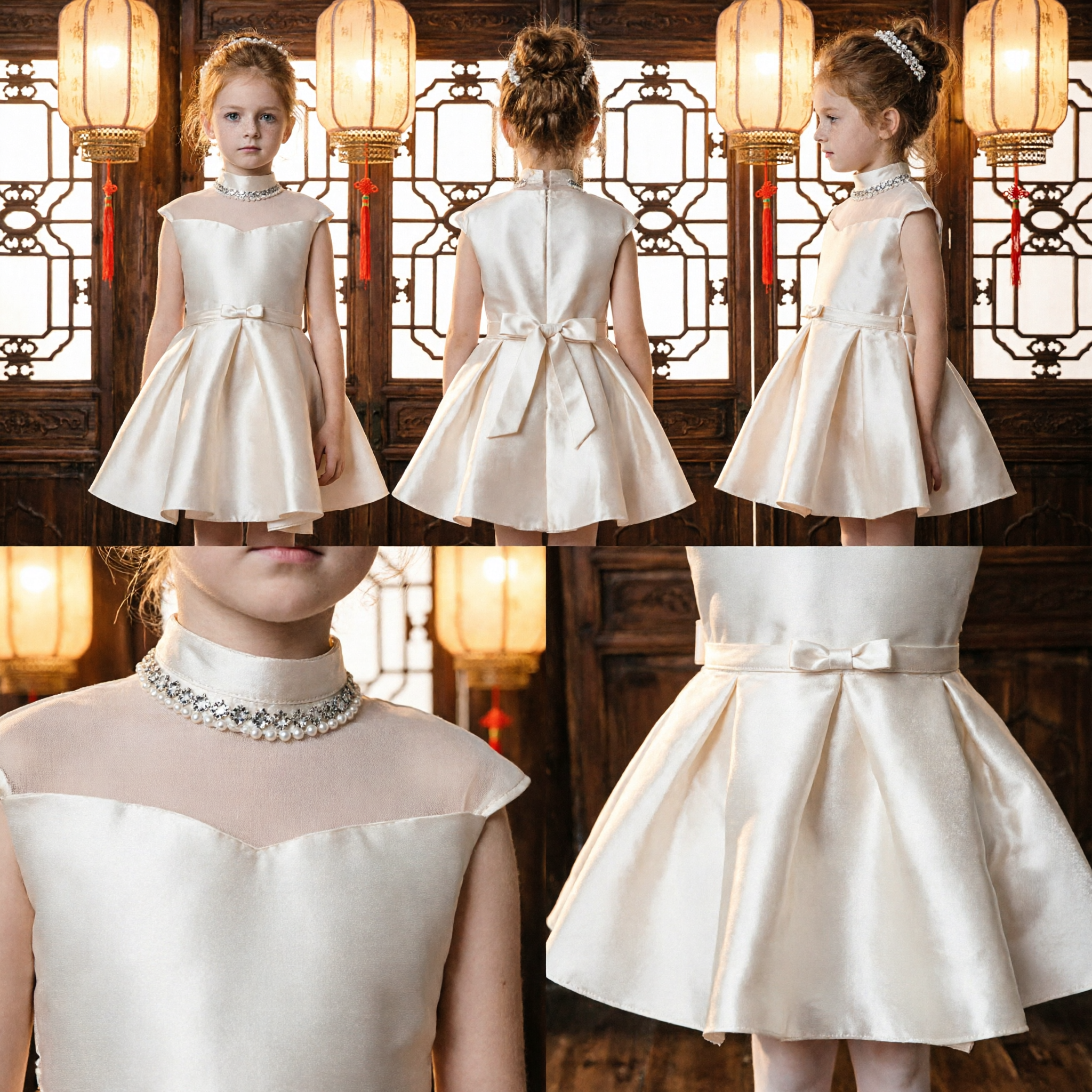 Girls Ivory Satin Flower Girl Dress Sleeveless High Neck A-Line Wedding Party Dress for Kids